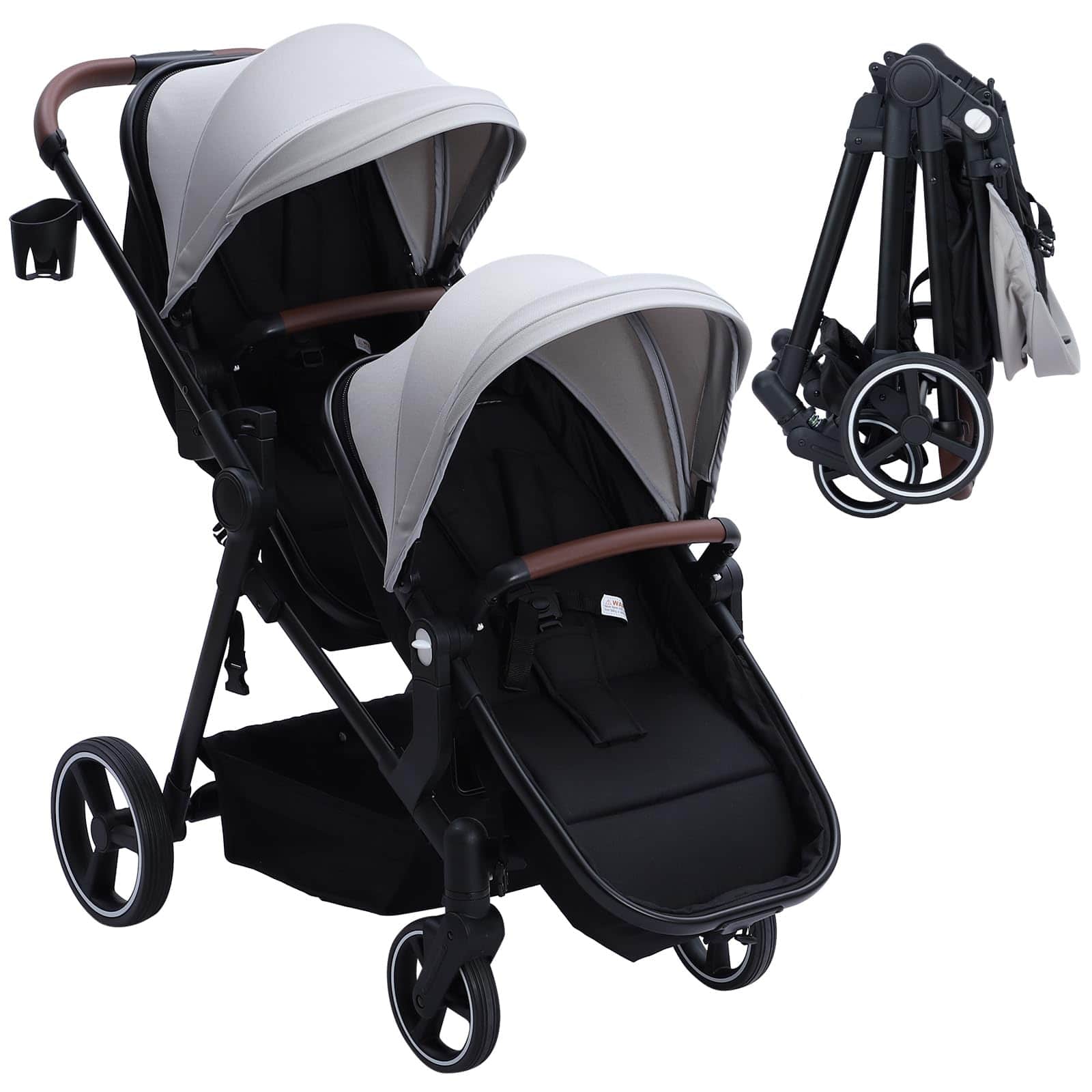 Qeetex - Tandem Twin Stroller with Reversible Seat, Fits Newborn and Toddler - Light Gray