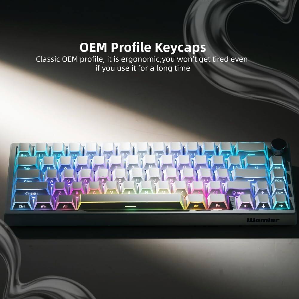 OEM Profile Keycaps

Classic OEM profile, it is ergonomic, you won't get tired even if you use it for a long time

Esc 1 2 3 4 5 6 7 8 9 0 - = Backspace

Tab Q W E R T Y U I O P [ ] \

Caps A S D F G H J K L ; '

Shift Z X C V B N M , . / Shift

Ctrl Win Alt Fn

Womier