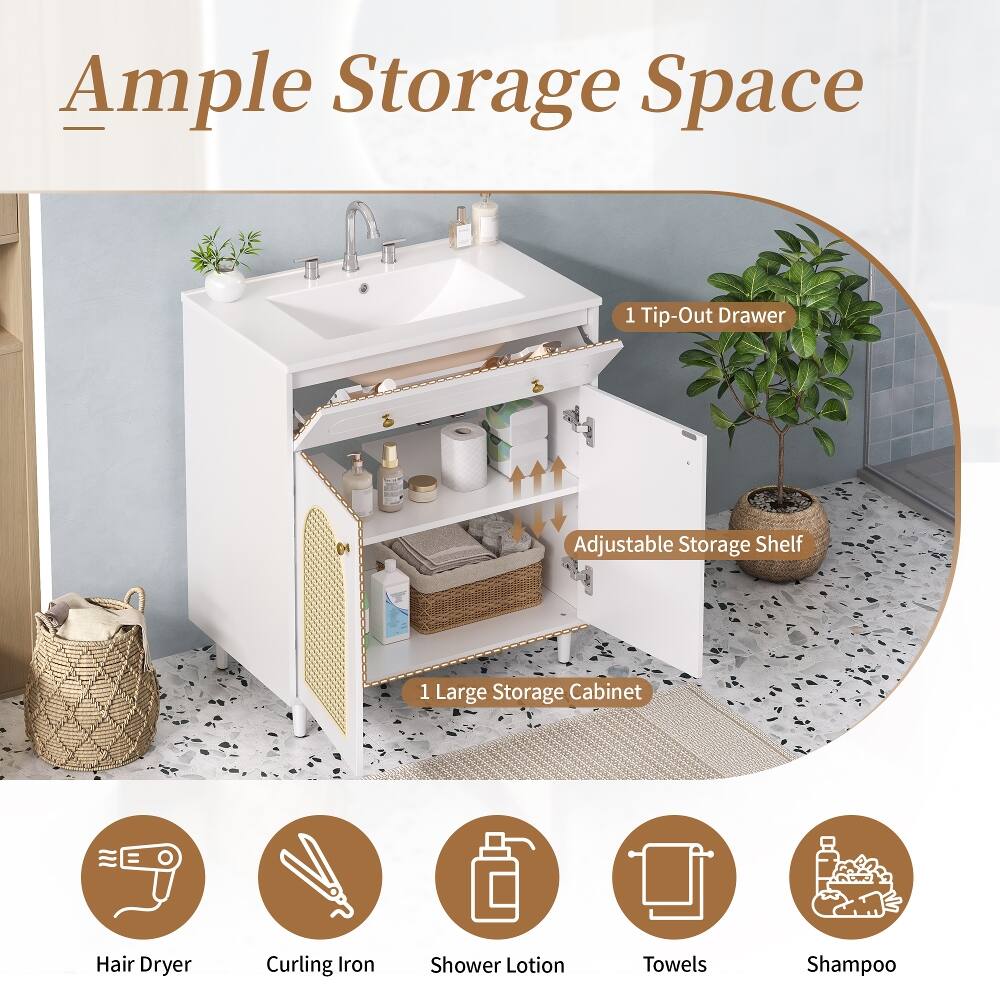 Ample Storage Space
1 Tip-Out Drawer
Adjustable Storage Shelf
1 Large Storage Cabinet
Hair Dryer
Curling Iron
Shower Lotion
Towels
Shampoo
