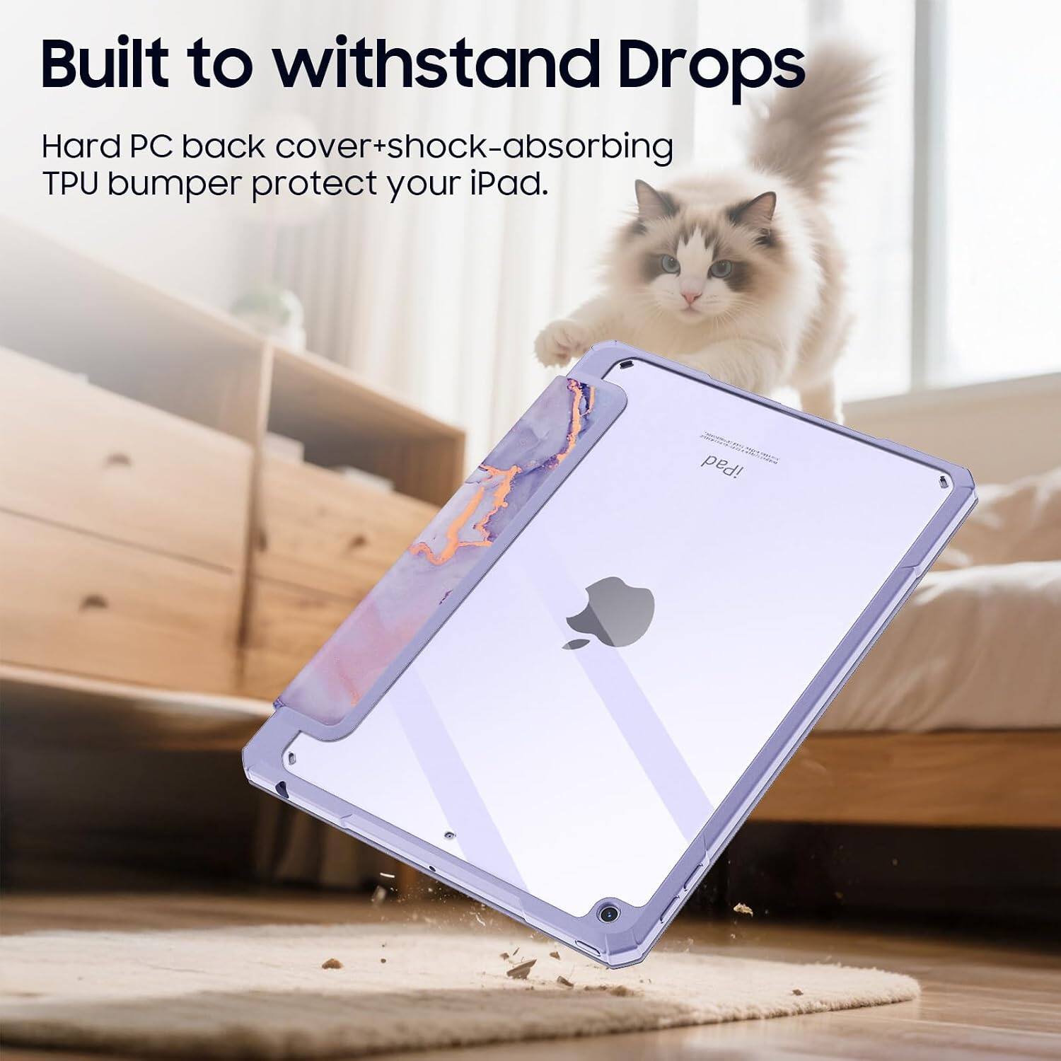 Built to withstand Drops  
Hard PC back cover+shock-absorbing TPU bumper protect your iPad.