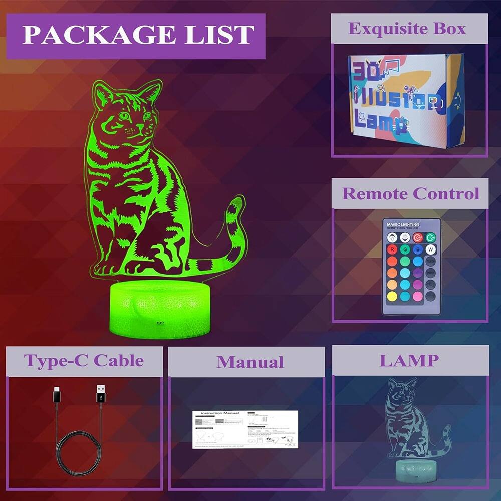 PACKAGE LIST

- Exquisite Box
- 3D Illustrated Lamp
- Remote Control
- Type-C Cable
- Manual
- LAMP