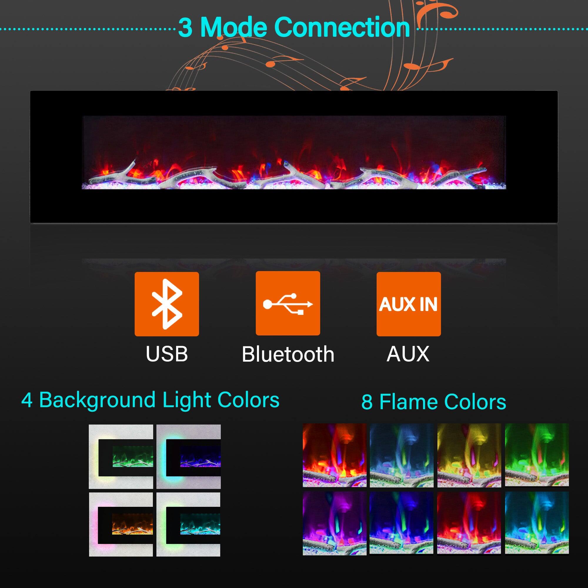 3 Mode Connection
USB Bluetooth AUX
4 Background Light Colors
8 Flame Colors