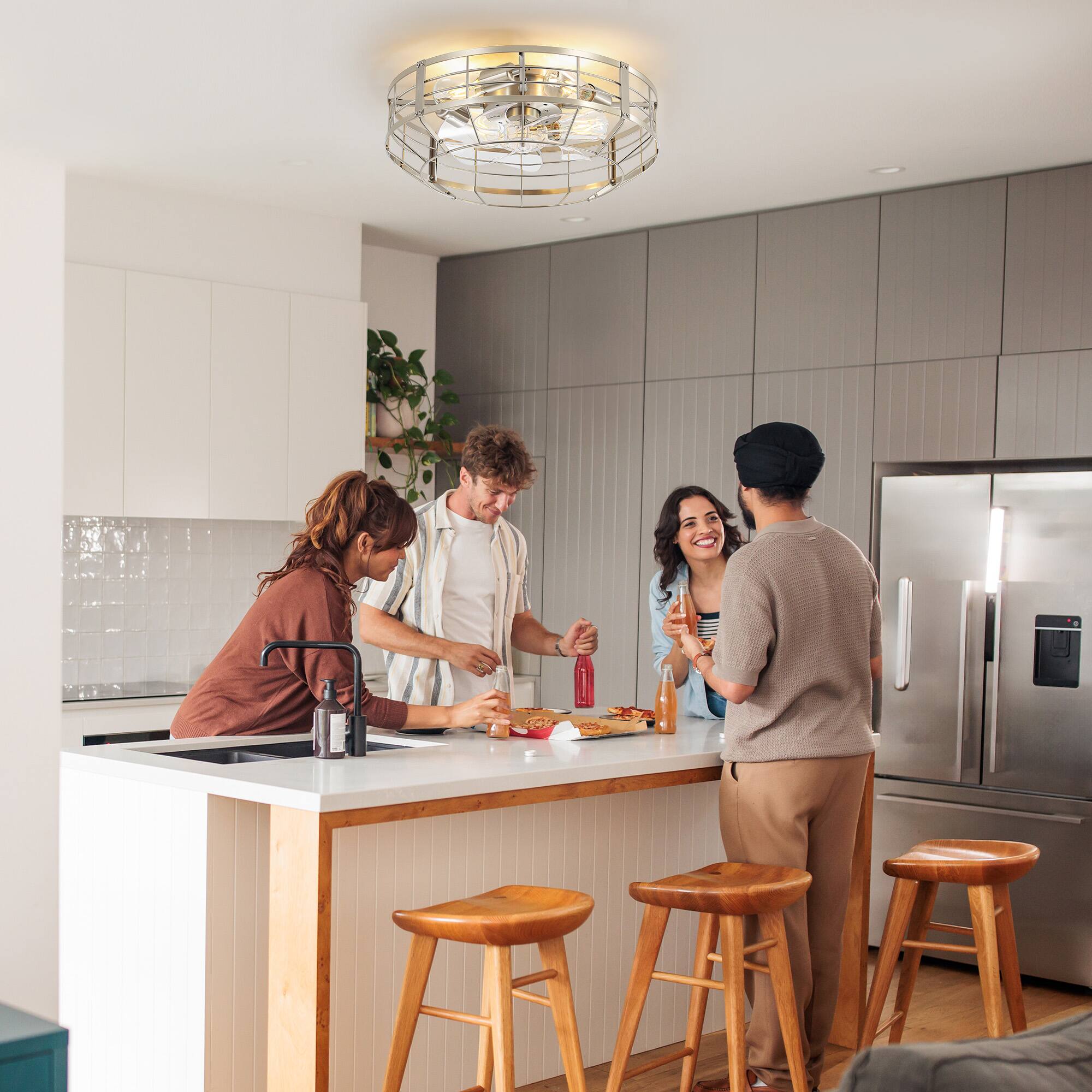 Back. Breezary - 20-Inch KD Traditional Light Source Flush Mount Cage Fan, 7 Transparent Blades, E26 Light Bulbs, 6-Speed Remote - Sand Nickel and Clear.