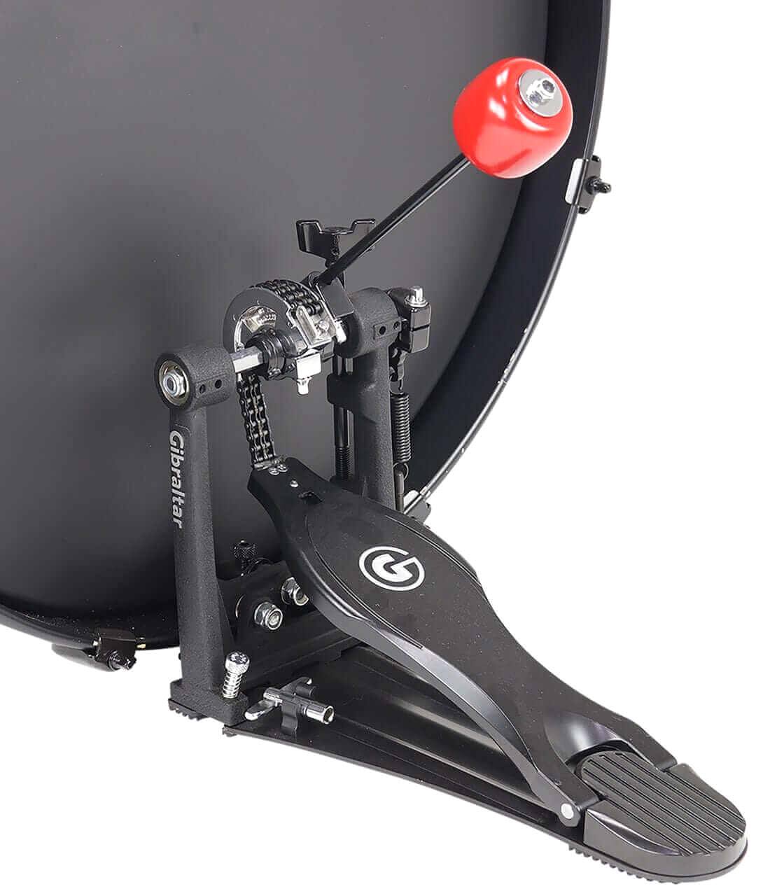 Left. Gibraltar Hardware - 8" Red Wooden Bass Drum Beater, Long Shaft, Hard Wood Head for Loud and Defined Attack, Compatible with Standard Pedals.