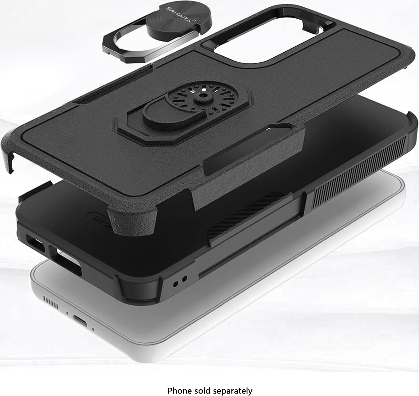 The image features a black cell phone case with a camera on top of it. The case is designed to hold a cell phone securely and protect it from damage. The phone itself is not included in the case, as it is sold separately.