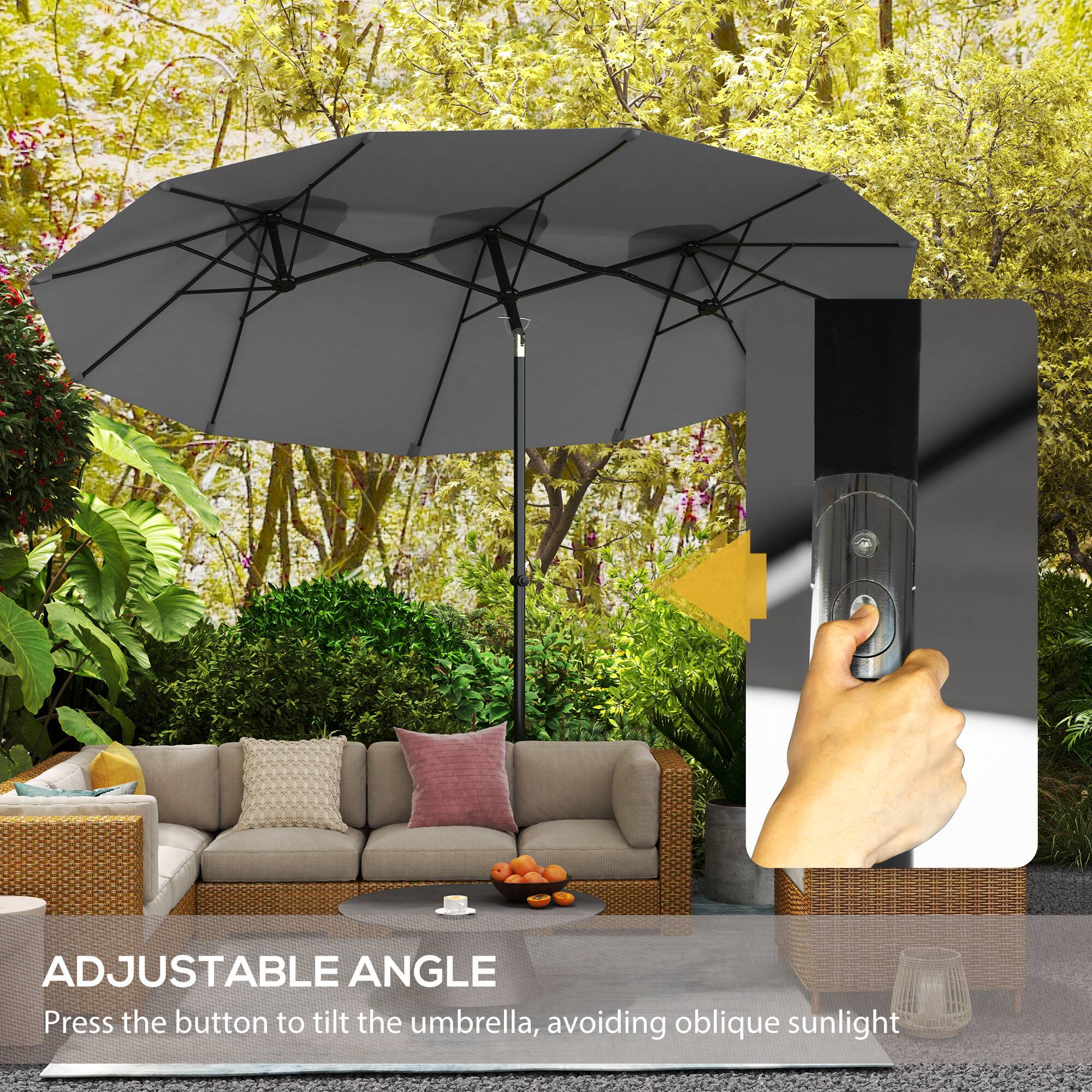ADJUSTABLE ANGLE
Press the button to tilt the umbrella, avoiding oblique sunlight