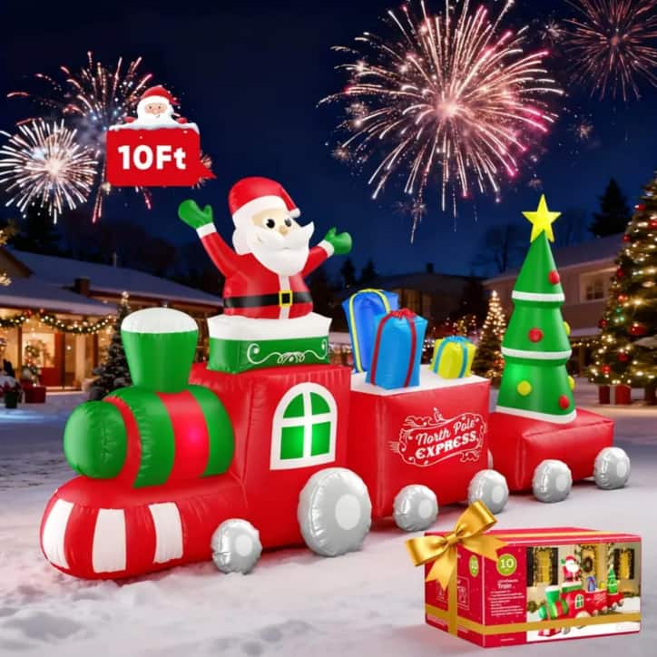 Silvel - 10FT Christmas Inflatables Train with Santa Claus, Built-in LED Lights for Christmas Outdoor Garden Lawn - Red