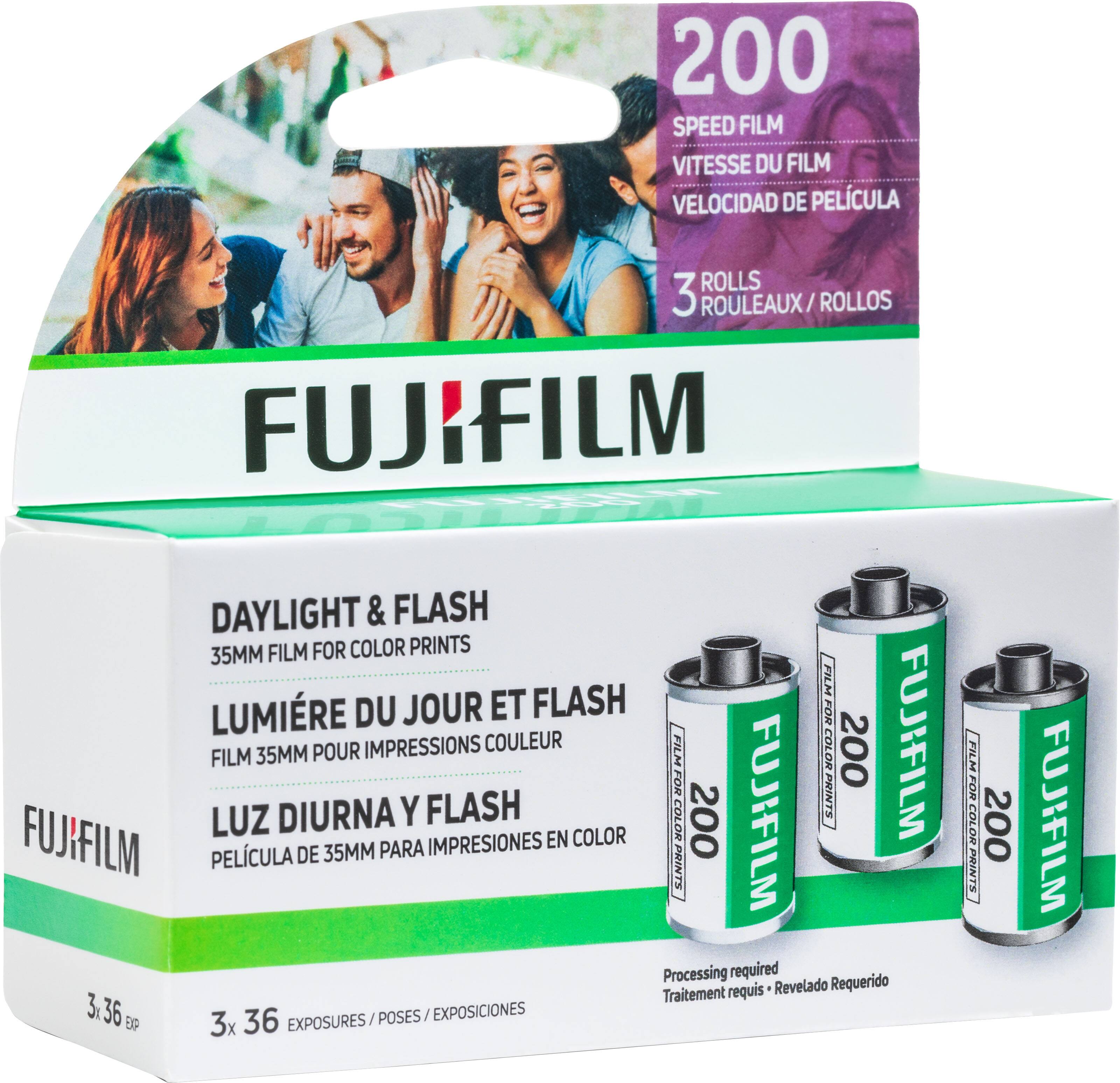 200 SPEED FILM  
VITESSE DU FILM  
VELOCIDAD DE PELÍCULA  

3 ROLLS / ROULEAUX / ROLLOS  

DAYLIGHT & FLASH  
35MM FILM FOR COLOR PRINTS  
LUMIÈRE DU JOUR ET FLASH  
FILM 35MM POUR IMPRESSIONS COULEUR  
LÚZ DIURNA Y FLASH  
PELÍCULA DE 35MM PARA IMPRESIONES EN COLOR  

Processing required  
Traitement requis  
Revelado Requerido  

3 x 36 EXPOSURES / POSES / EXPOSICIONES  

FUJIFILM