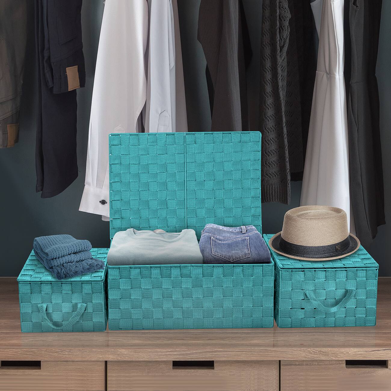 Alt View 2. Sorbus - Sorbus Set of 3 Storage Baskets for Organizing with Lid, Mesh, Linen, Organizer Storage Baskets for Shelves - Blue.
