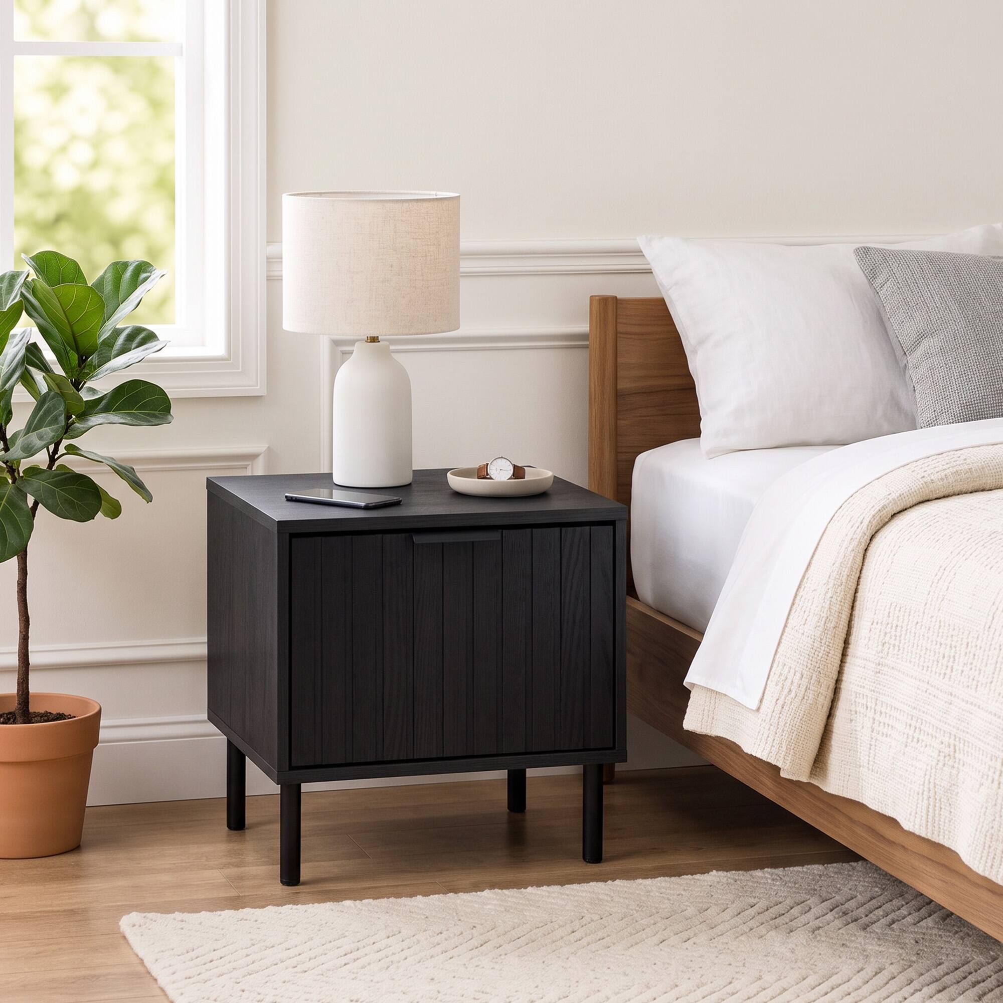 Alt View 2. WELLFOR - Modern Nightstand with Vertical-Striped Storage Drawer - Black.