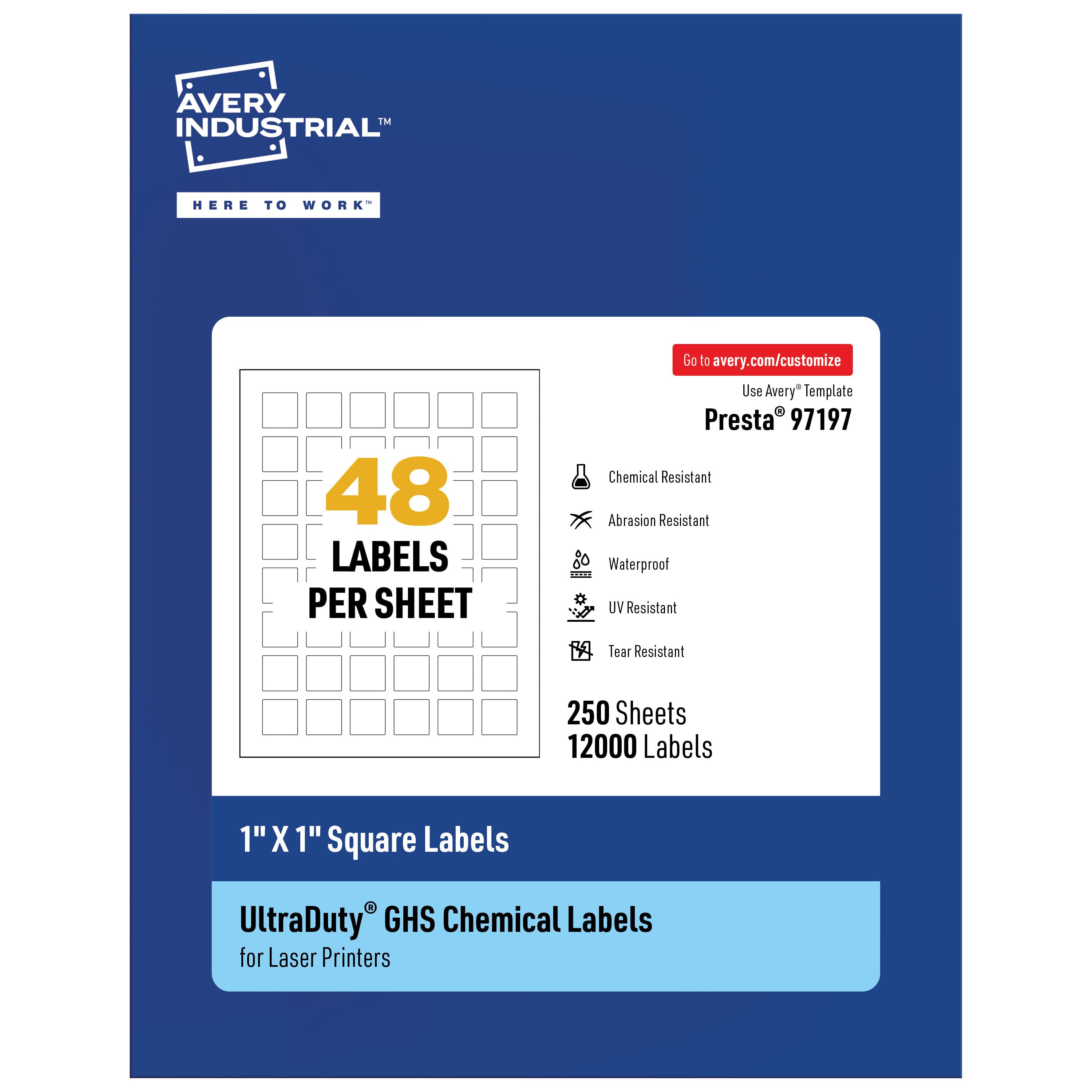 Avery - UltraDuty GHS Labels 1" X 1", 12000 Ct, Laser Printer - White