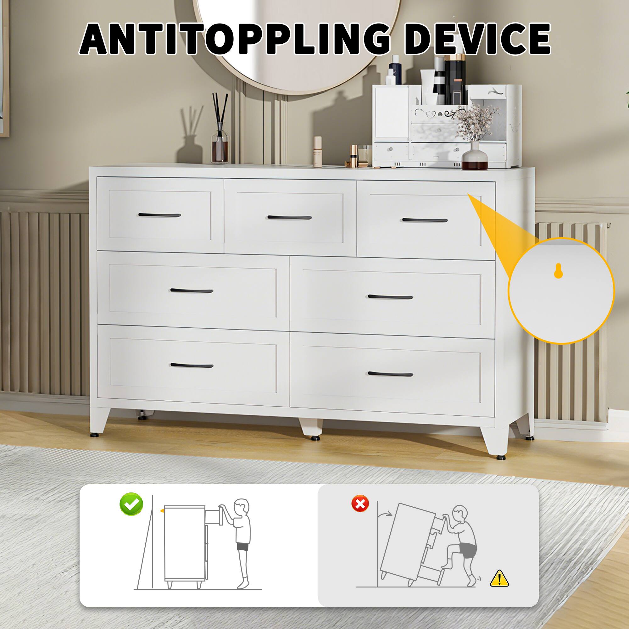 Forest'nSky - Metal 7 drawer 51.97 in. Wide Chest of Drawers with 5-Foot Design & Modern Handles for Living Room - White