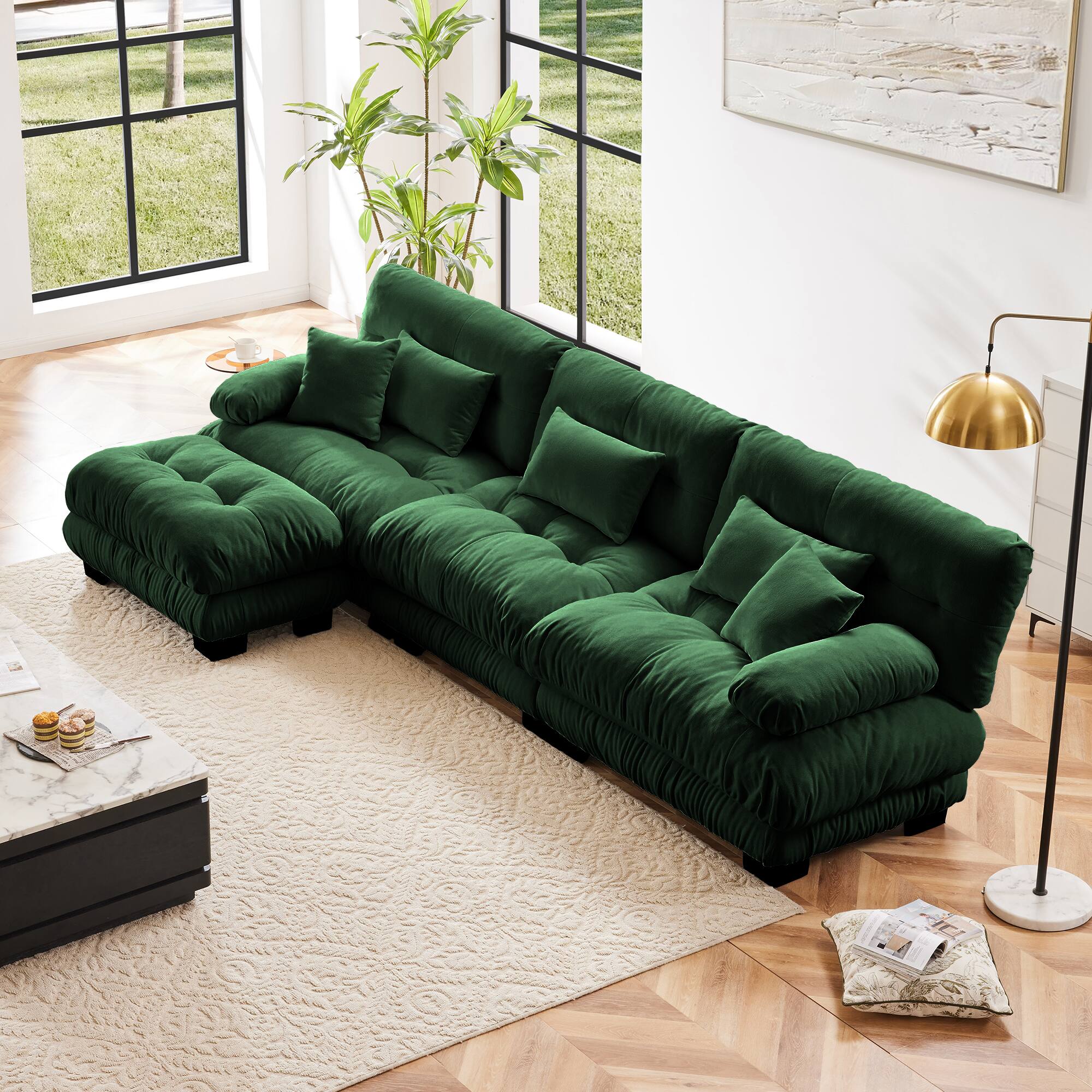 DOMETOUR - Luxury Modular Sectional Sofa Couch,Oversized L Shaped Cloud Couch,Deep Seat Sofa Couch with Convertible Ottoman - Chenille Green