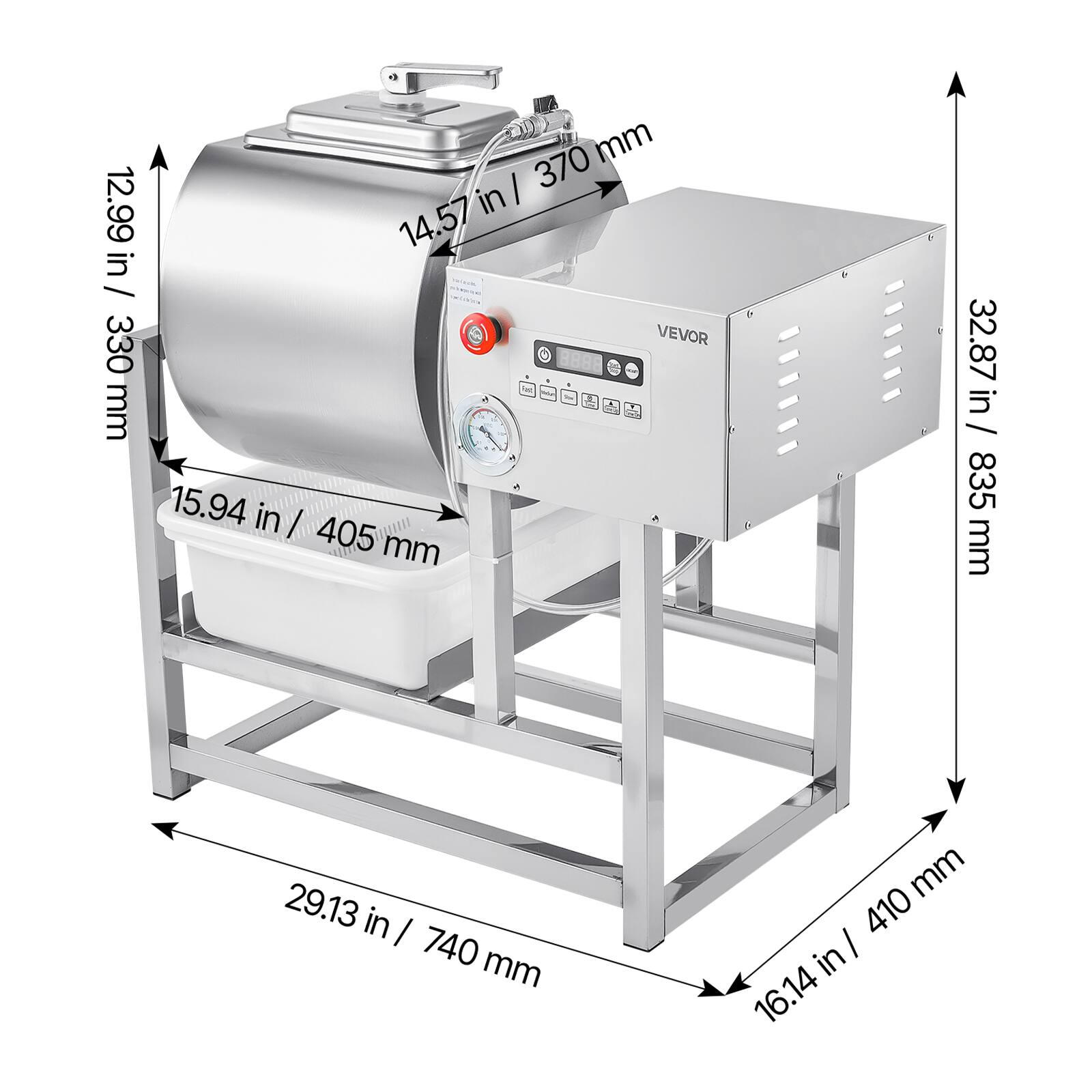 - Height: 32.87 in / 835 mm
- Width: 29.13 in / 740 mm
- Depth: 16.14 in / 410 mm
- Height of the cylindrical part: 12.99 in / 330 mm
- Diameter of the cylindrical part: 14.57 in / 370 mm
- Width of the base: 15.94 in / 405 mm