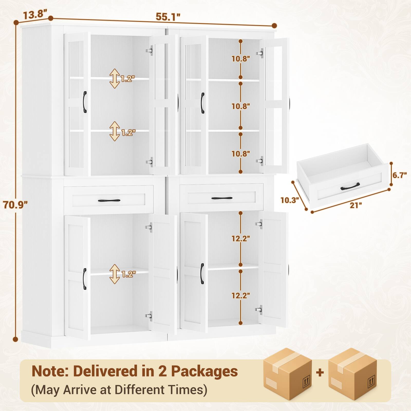 13.8"  
55.1"  
10.8"  
1.2"  
10.8"  
1.2"  
10.8"  
6.7"  
70.9"  
10.3"  
21"  
12.2"  
1.2"  
12.2"  

Note: Delivered in 2 Packages (May Arrive at Different Times)