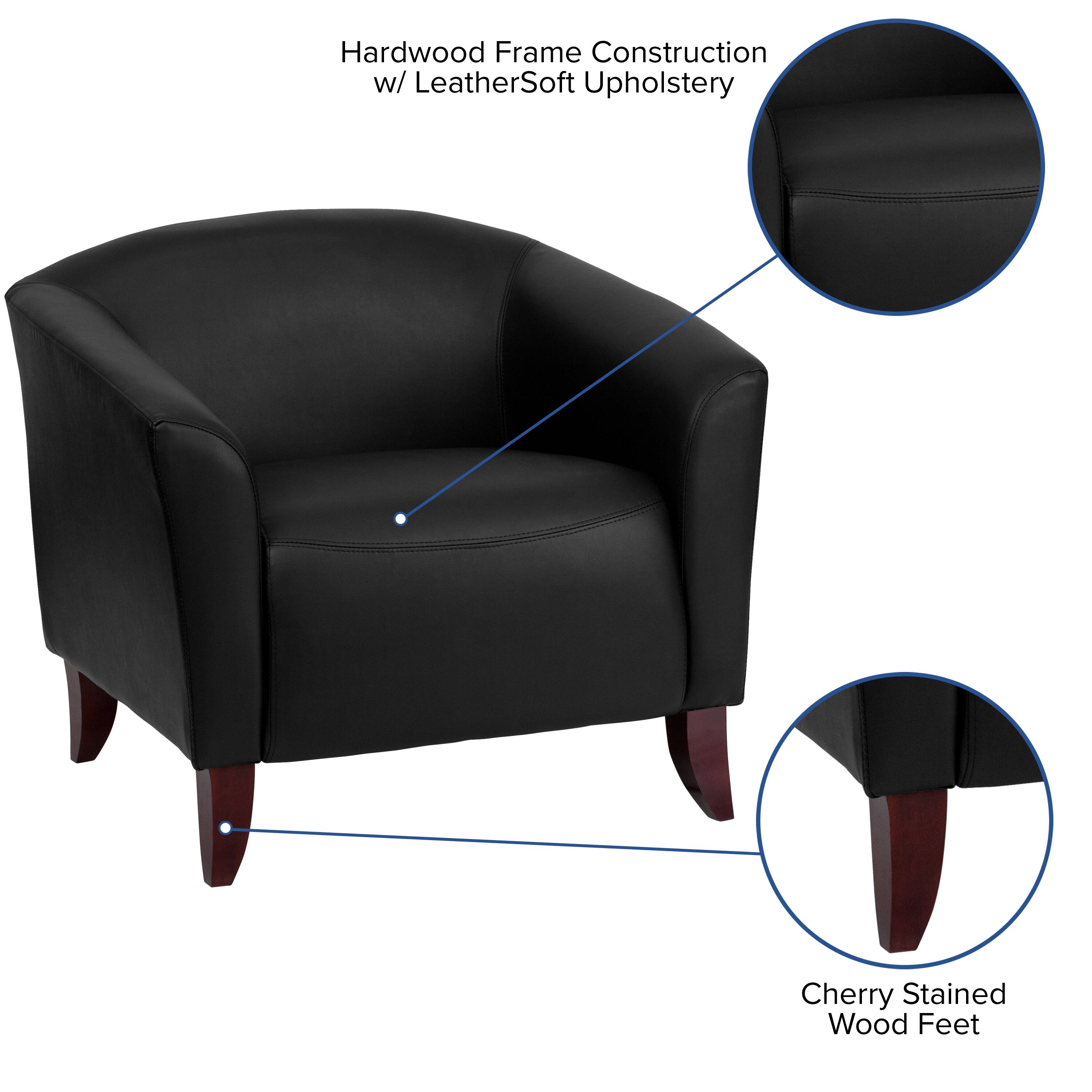 Hardwood Frame Construction w/ LeatherSoft Upholstery  
Cherry Stained Wood Feet