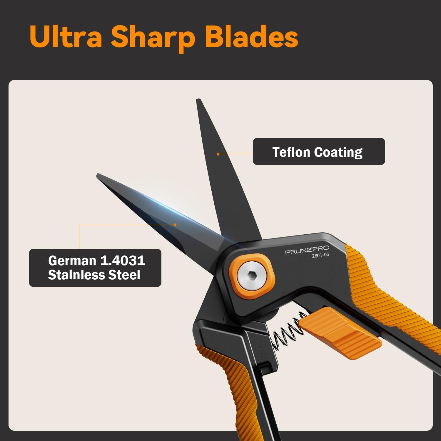 Ultra Sharp Blades  
Teflon Coating  
German 1.4031 Stainless Steel  
PRUNZPRO 2801-06