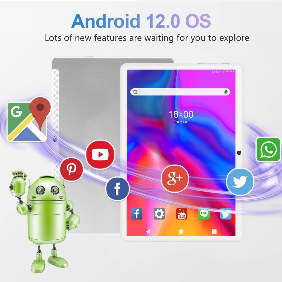 Android 12.0 OS  
Lots of new features are waiting for you to explore  

18:00  
Thu 24 Dec  

G+  
YouTube  
LINE  
Twitter  
Facebook  
Google Maps  
Pinterest  
Instagram  
WhatsApp