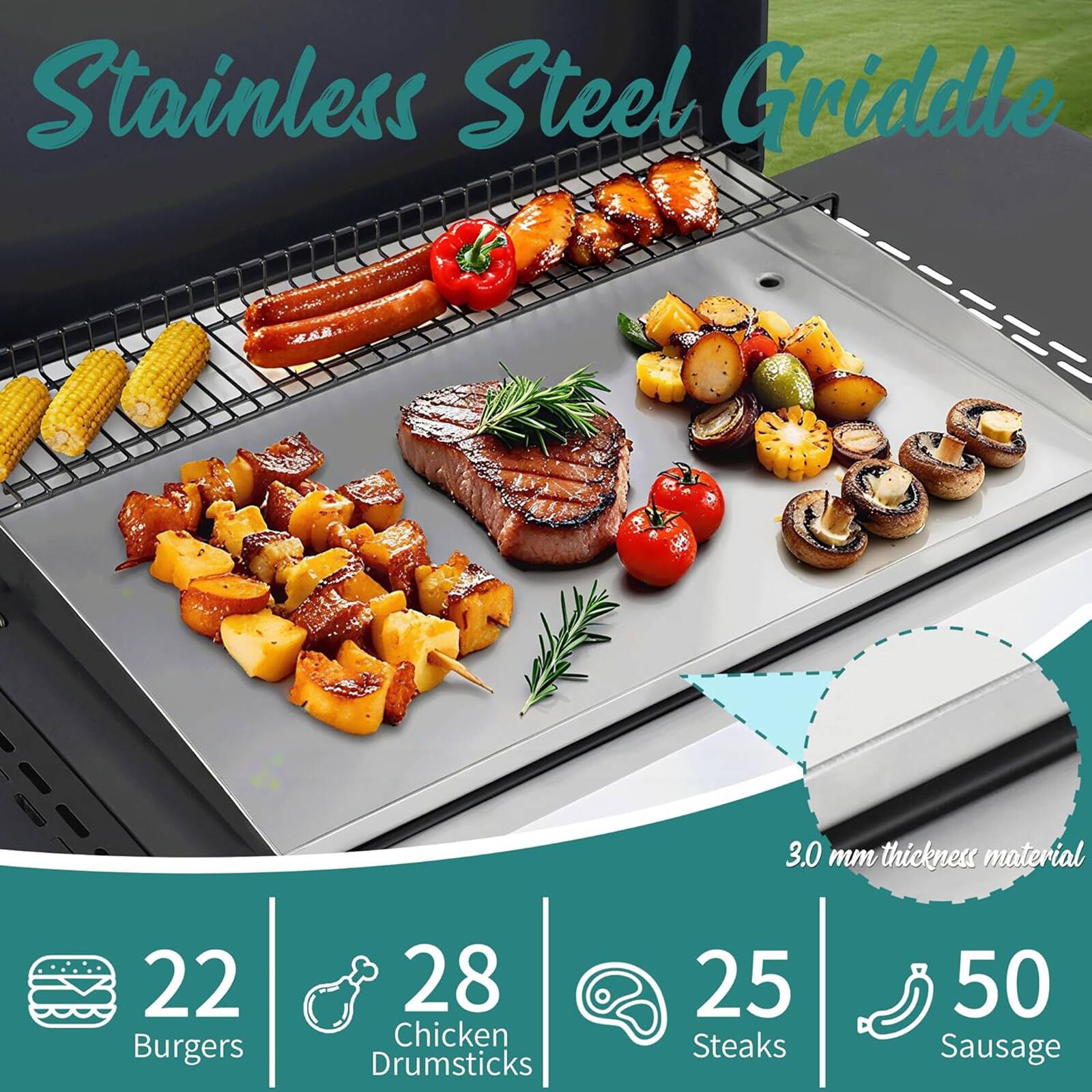 Stainless Steel Griddle

3.0 mm thickness material

22 Burgers  
28 Chicken Drumsticks  
25 Steaks  
50 Sausage