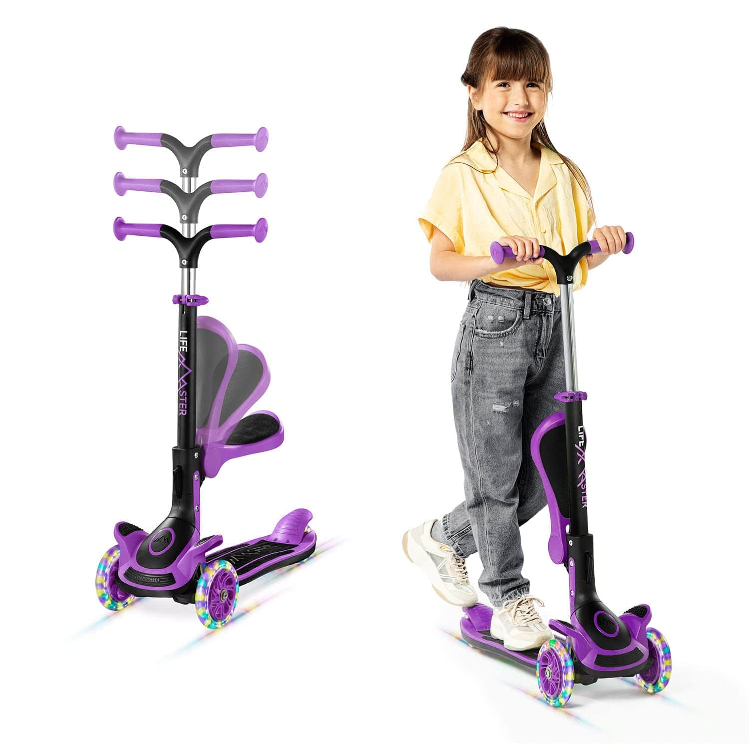 Lifemaster - 3-Wheel Kids Scooter with Foldable Seat and LED Wheels - Purple