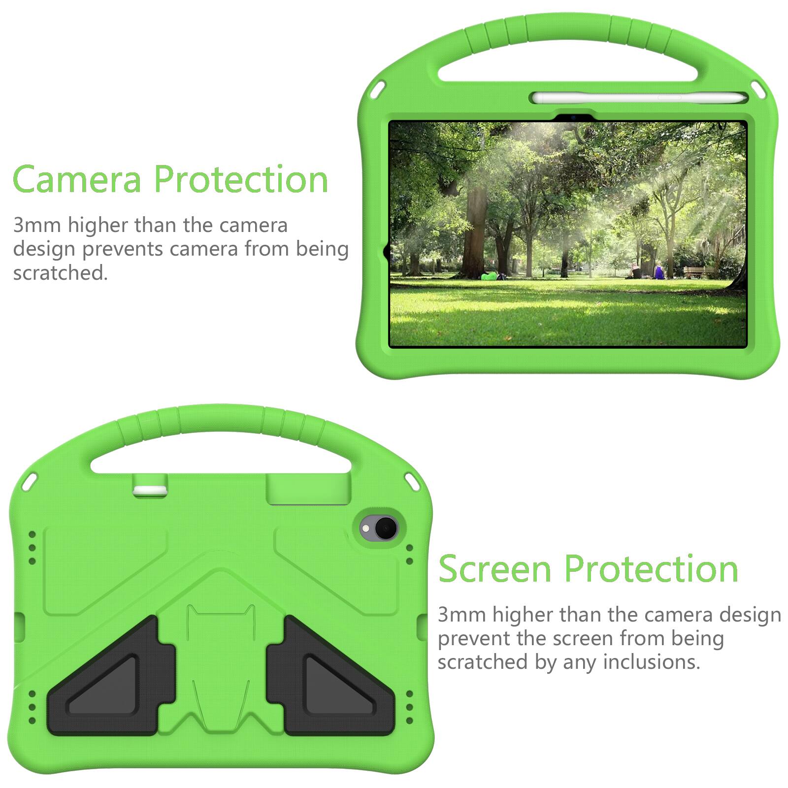 Camera Protection  
3mm higher than the camera design prevents camera from being scratched.  

Screen Protection  
3mm higher than the camera design prevent the screen from being scratched by any inclusions.