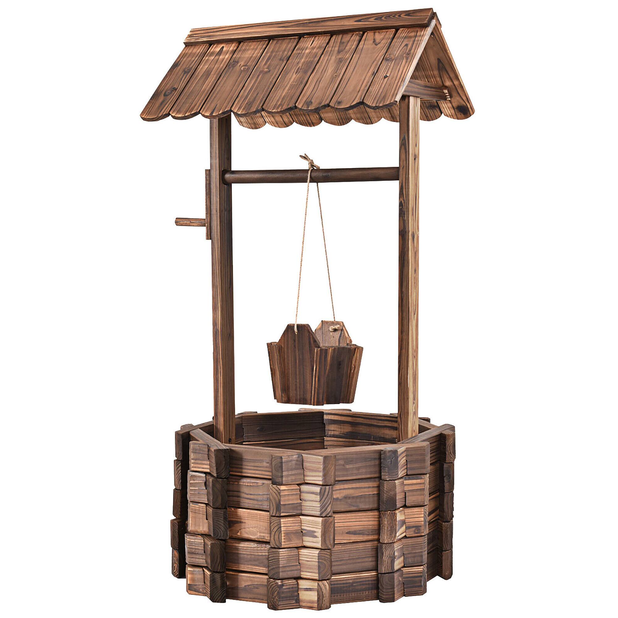 Alt View 2. Costway - Outdoor Wooden Wishing Well Bucket Flower Plants Planter Patio Garden Home Decor - Brown.