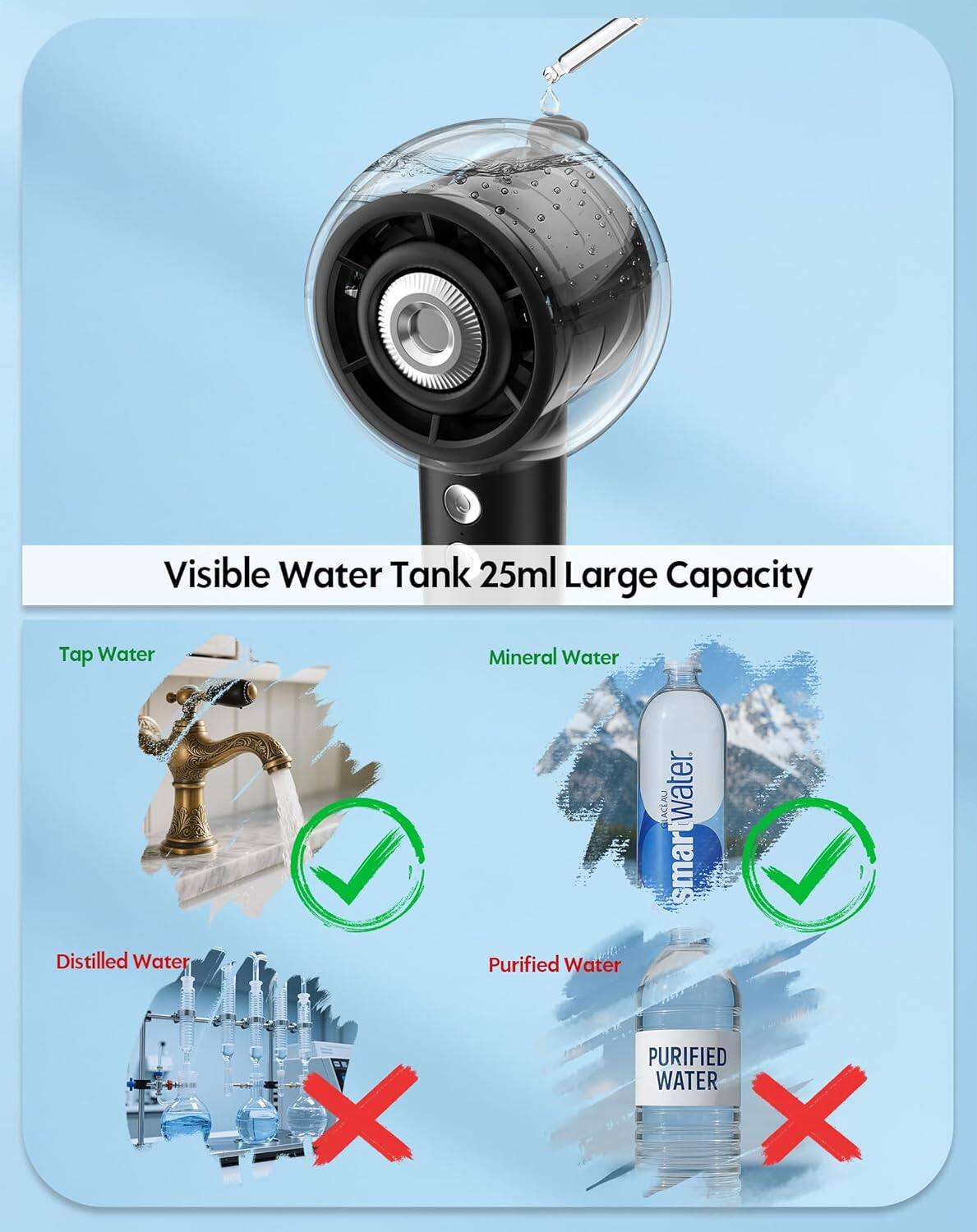 Visible Water Tank 25ml Large Capacity

Tap Water ✔️  
Mineral Water ✔️  
Distilled Water ❌  
Purified Water ❌