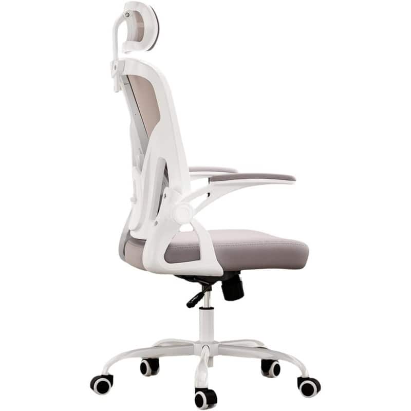HTUTWOO - Ergonomic Office Chair with Adjustable Lumbar Support & Headrest, Space-Saving Flip-Up Armrests for Home Office,Gaming - Grey + White