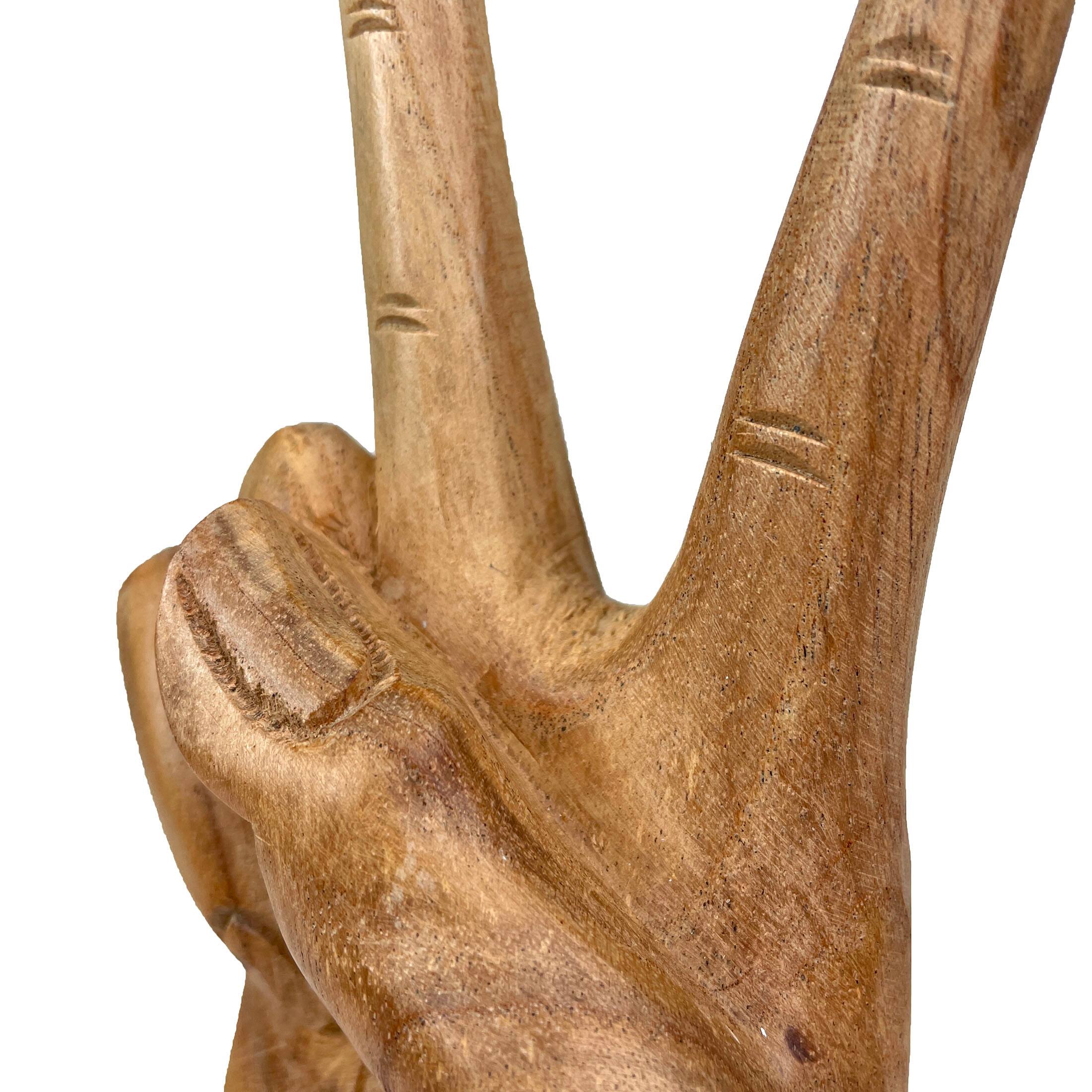 Alt View 2. Zeckos - Carved Wooden Peace Sign Hand Gesture Statue Natural Finish 7.75 Inches High - Brown.