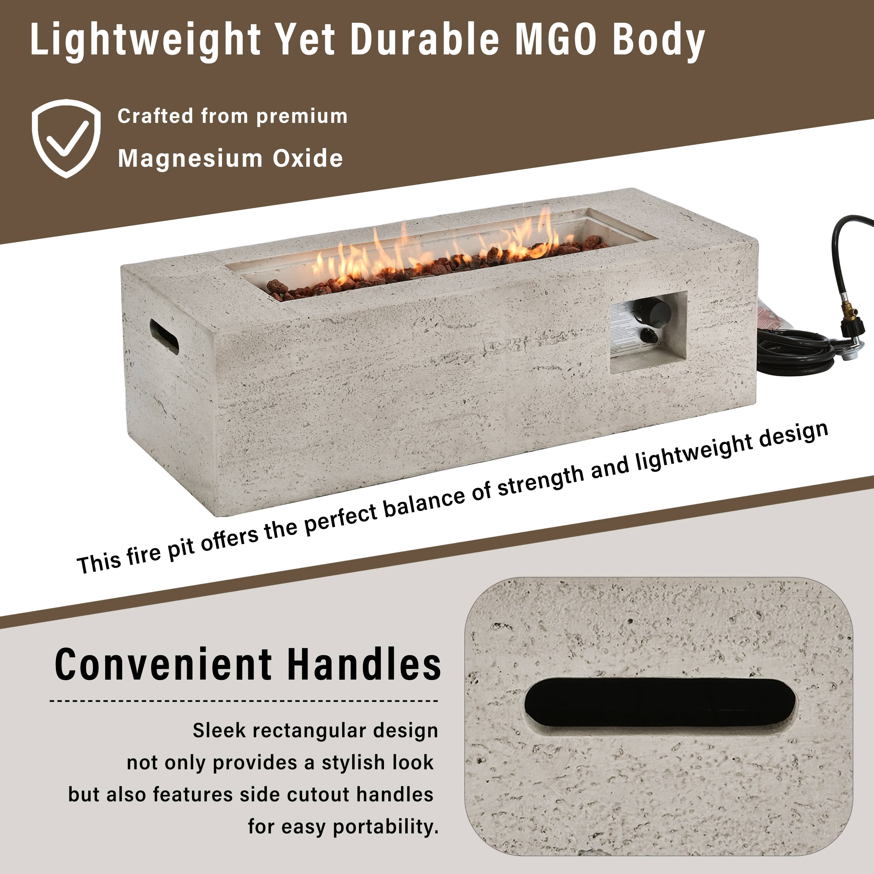 Lightweight Yet Durable MGO Body

Crafted from premium Magnesium Oxide

This fire pit offers the perfect balance of strength and lightweight design

Convenient Handles

Sleek rectangular design not only provides a stylish look but also features side cutout handles for easy portability.