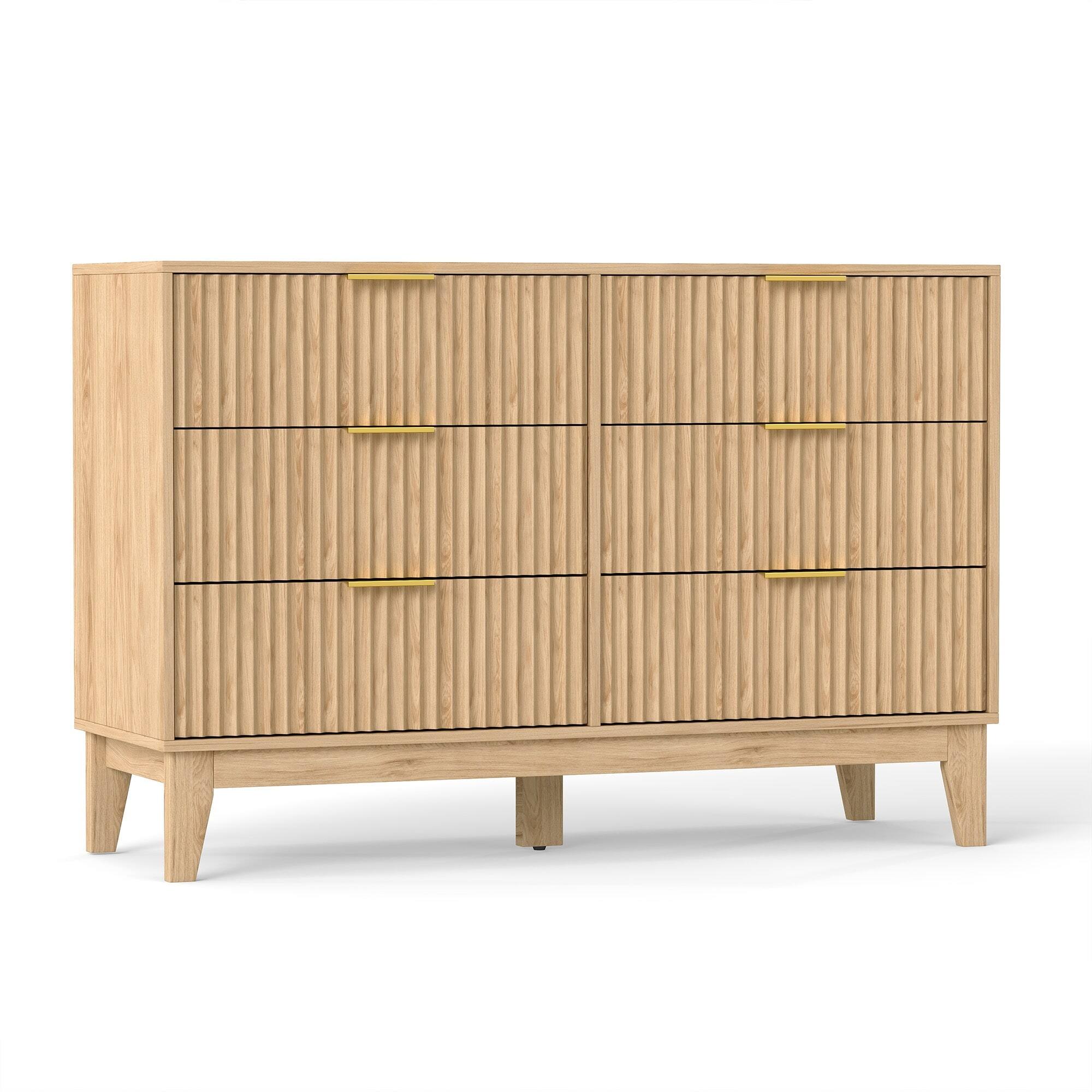 Alt View 8. U-HOMY - Modern 6 Drawer Fluted Dresser, Mid Century Wide Chest of Drawers with Metal Handles for Bedroom and Living Room - Wood Color.