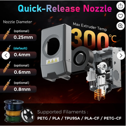 Quick-Release Nozzle

Nozzle Diameter:
- 0.25mm (optional)
- 0.4mm (default)
- 0.6mm (optional)
- 0.8mm (optional)

Max Extruder Temp: 300°C

Supported Filaments: PETG / PLA / TPU95A / PLA-CF / PETG-CF