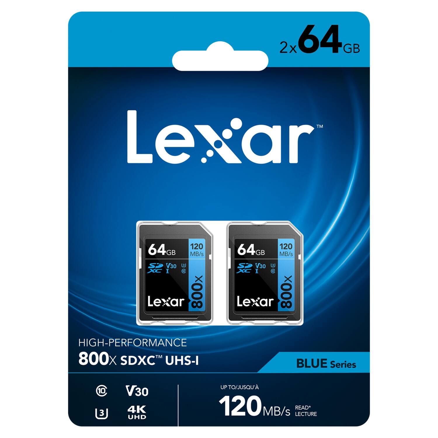2x 64GB Lexar 800x SDXC™ UHS-I BLUE Series  
HIGH-PERFORMANCE 800x  
V30 UHS-I  
4K UHD  
UP TO/JUSQU'A 120 MB/s READ*