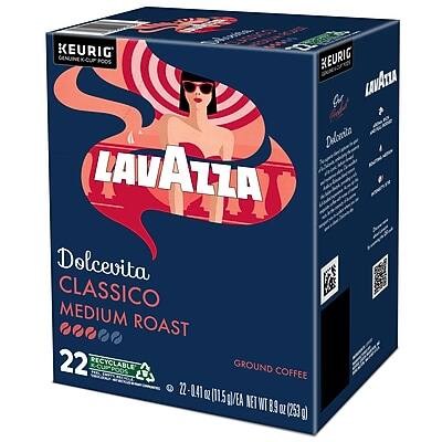 KEURIG GENUINE K-CUP PODS  
LAVAZZA  
Dolcevita CLASSICO  
MEDIUM ROAST  
22 RECYCLABLE PODS  
GROUND COFFEE  
22 - 0.41 OZ (115 DVEA)  
NET WT 9.9 OZ (253 g)