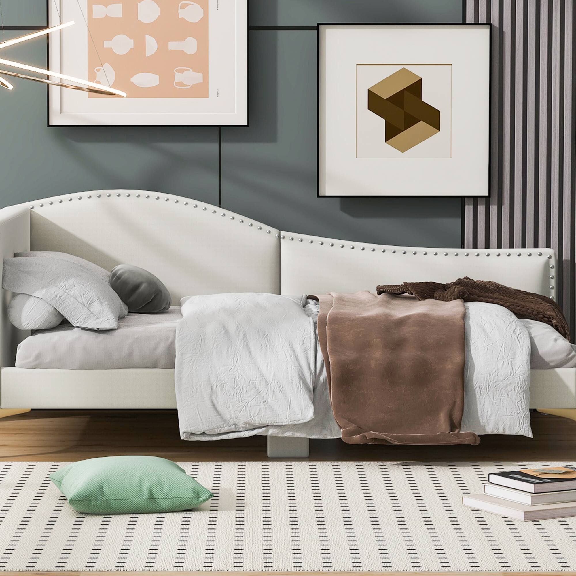 Alt View 2. GOODSILO - Twin Size Upholstered Daybed with Headboard and Armrest, Sturdy Support Legs - Beige.