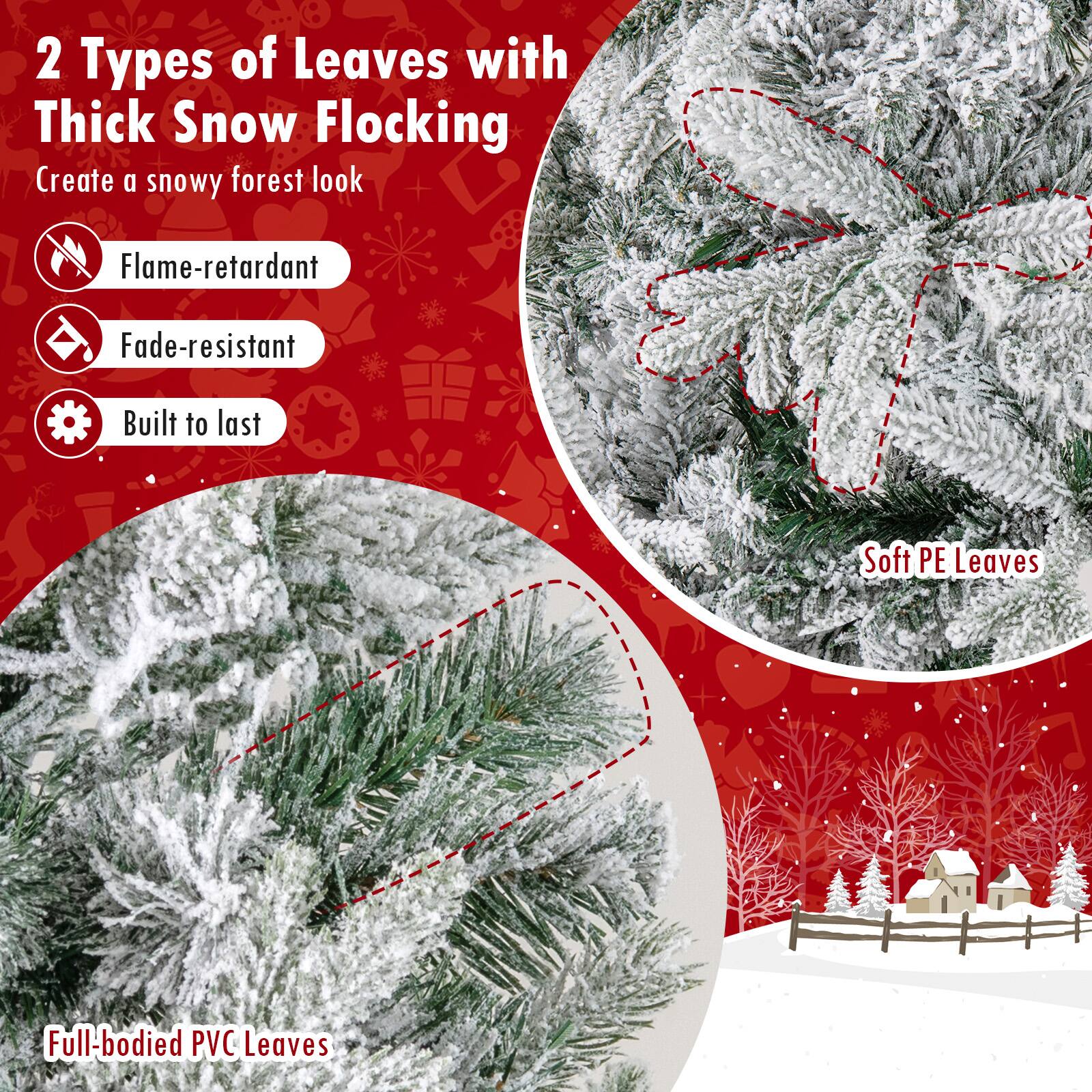 2 Types of Leaves with Thick Snow Flocking  
Create a snowy forest look  

- Flame-retardant  
- Fade-resistant  
- Built to last  

Soft PE Leaves  
Full-bodied PVC Leaves