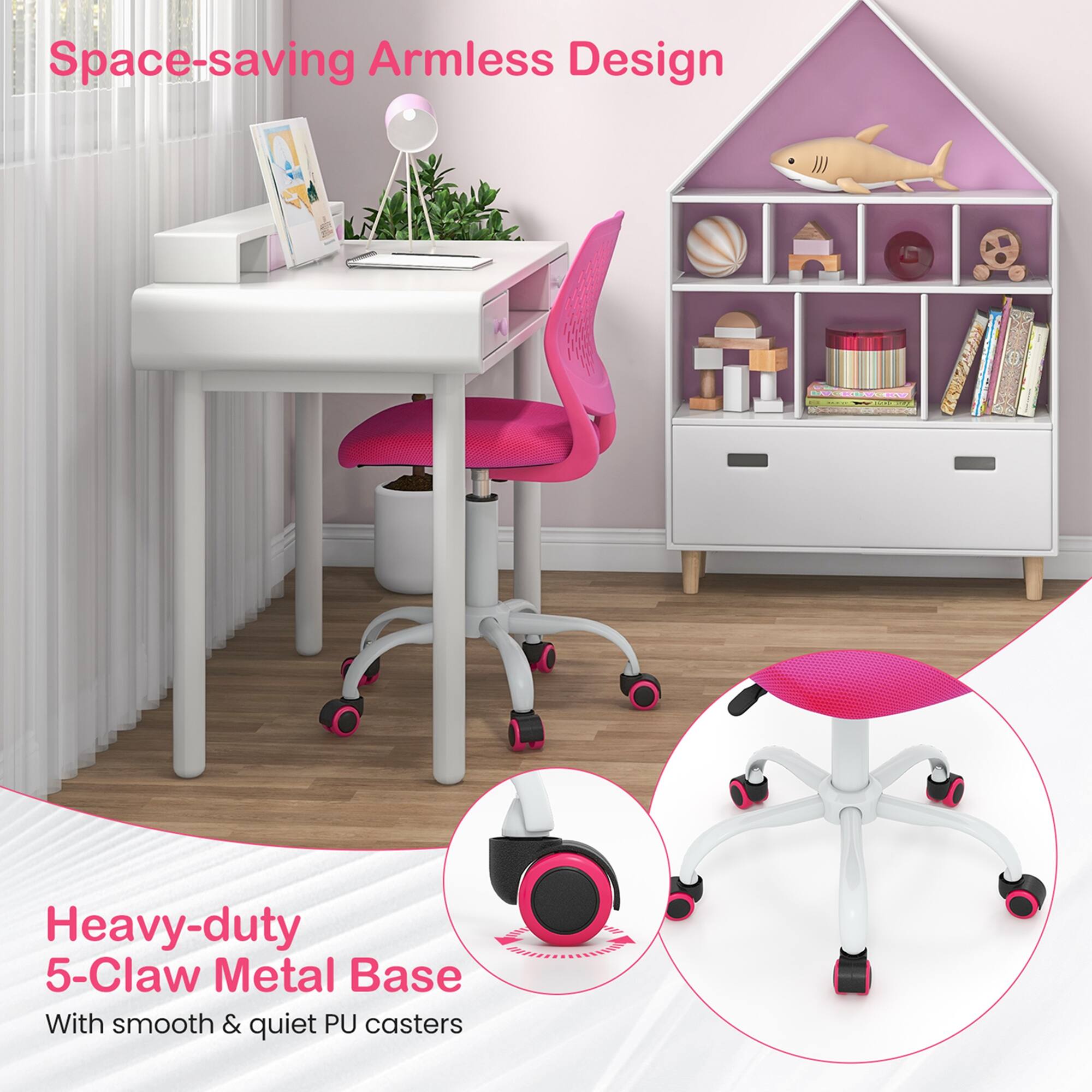 Space-saving Armless Design Heavy-duty 5-Claw Metal Base With smooth & quiet PU casters