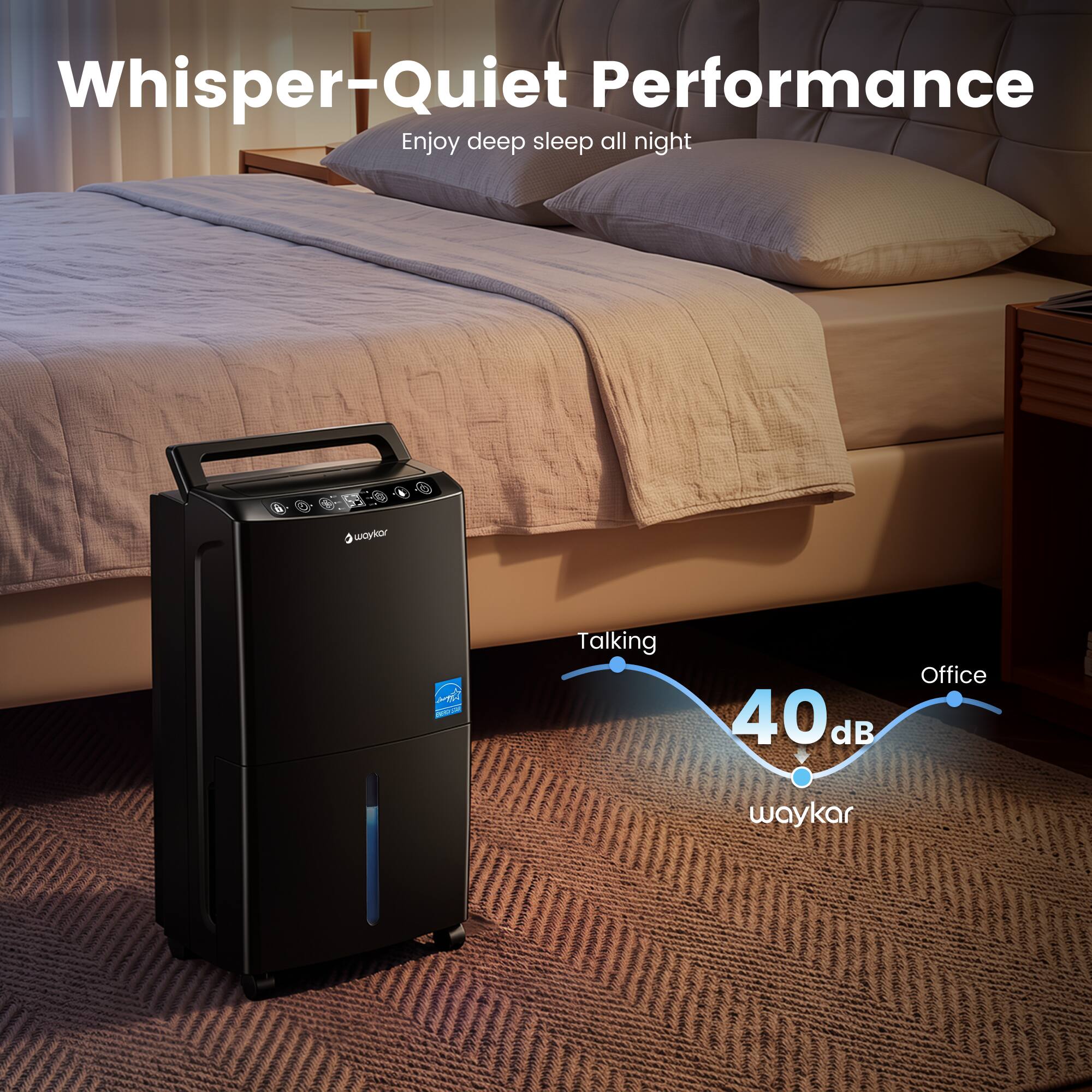 Whisper-Quiet Performance  
Enjoy deep sleep all night  

woykar  
500 248  

Talking  
40 dB  
Office  

waykar