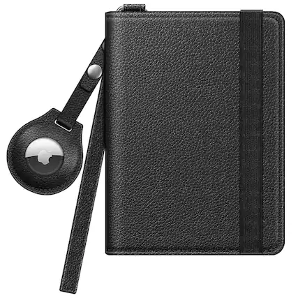 Front. Kitcheniva - Travel Passport Holder With RFID Protection Slim Card Wallet & AirTag Slot Black - Black.