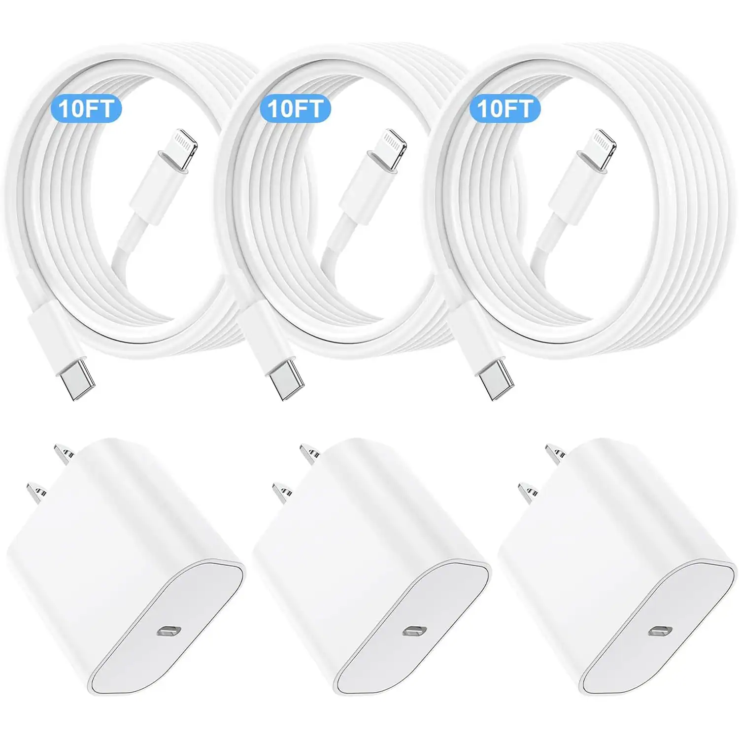 MOSZAR LLC - 3-Pack 20W USB-C Fast Charger with 10Ft Cable for iPhone – White - White