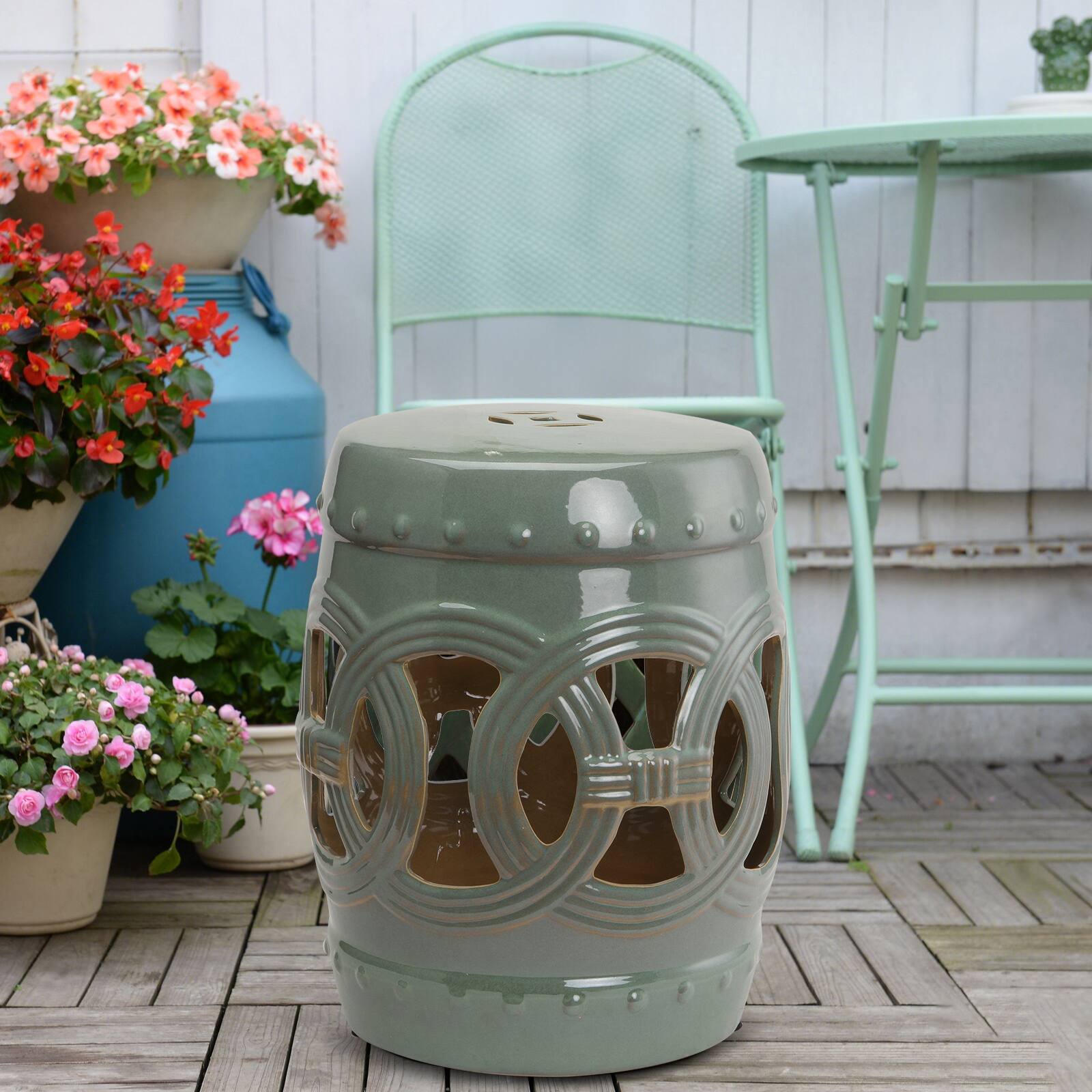 Alt View 1. Outsunny - x 17" Ceramic Garden Stool with Double-Coin Knotted Ring Design - Green.