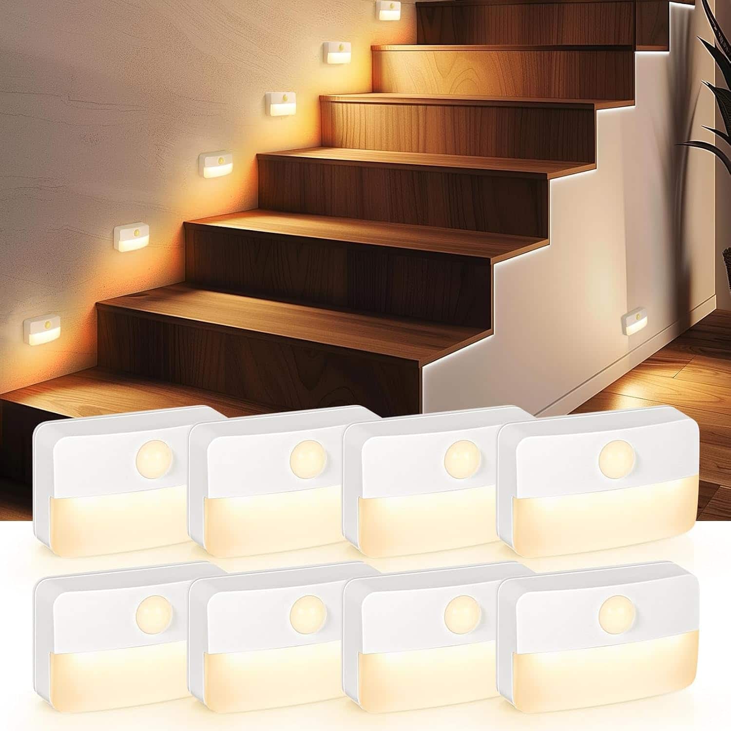 Dazzed Corner - 8-Pack Indoor Motion Sensor Lights, Wireless Stick-On LED Night Lights - White