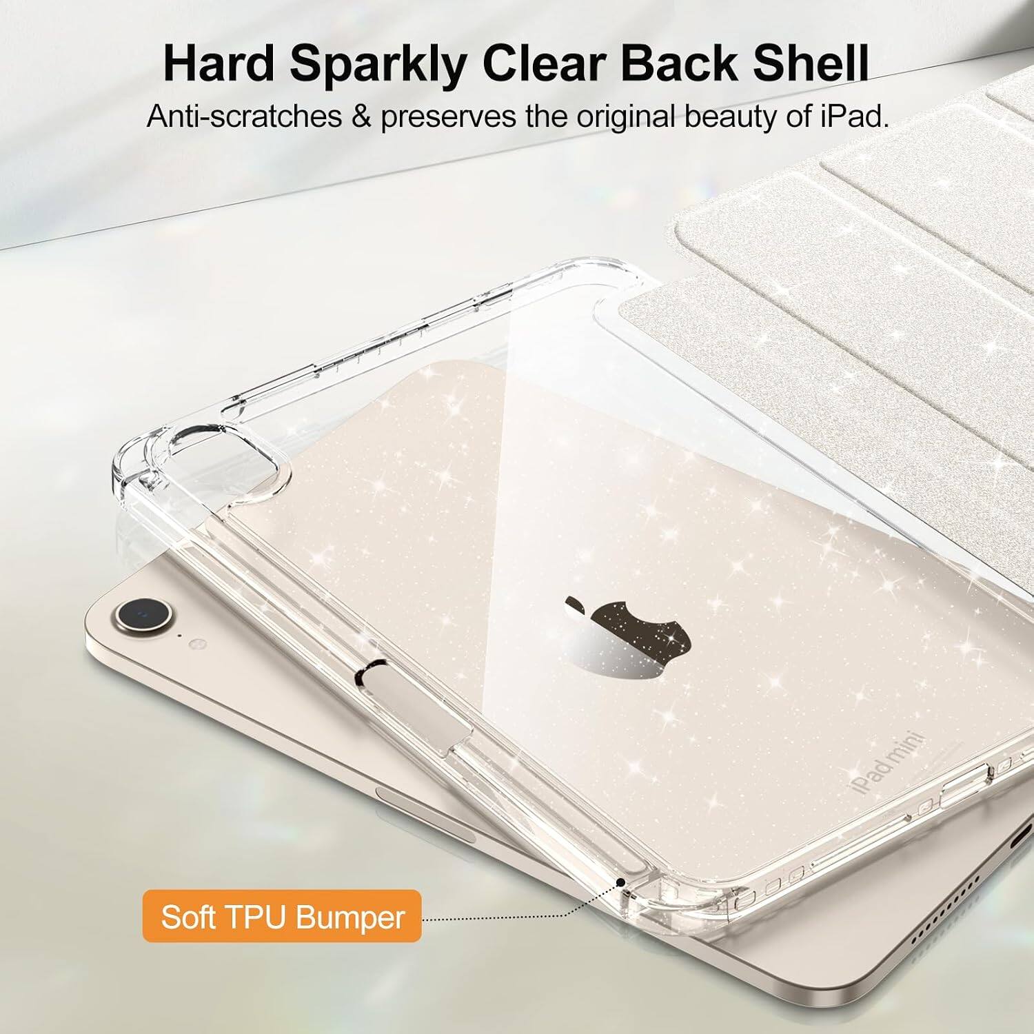 Hard Sparkly Clear Back Shell  
Anti-scratches & preserves the original beauty of iPad.  
mini iPad  
Soft TPU Bumper
