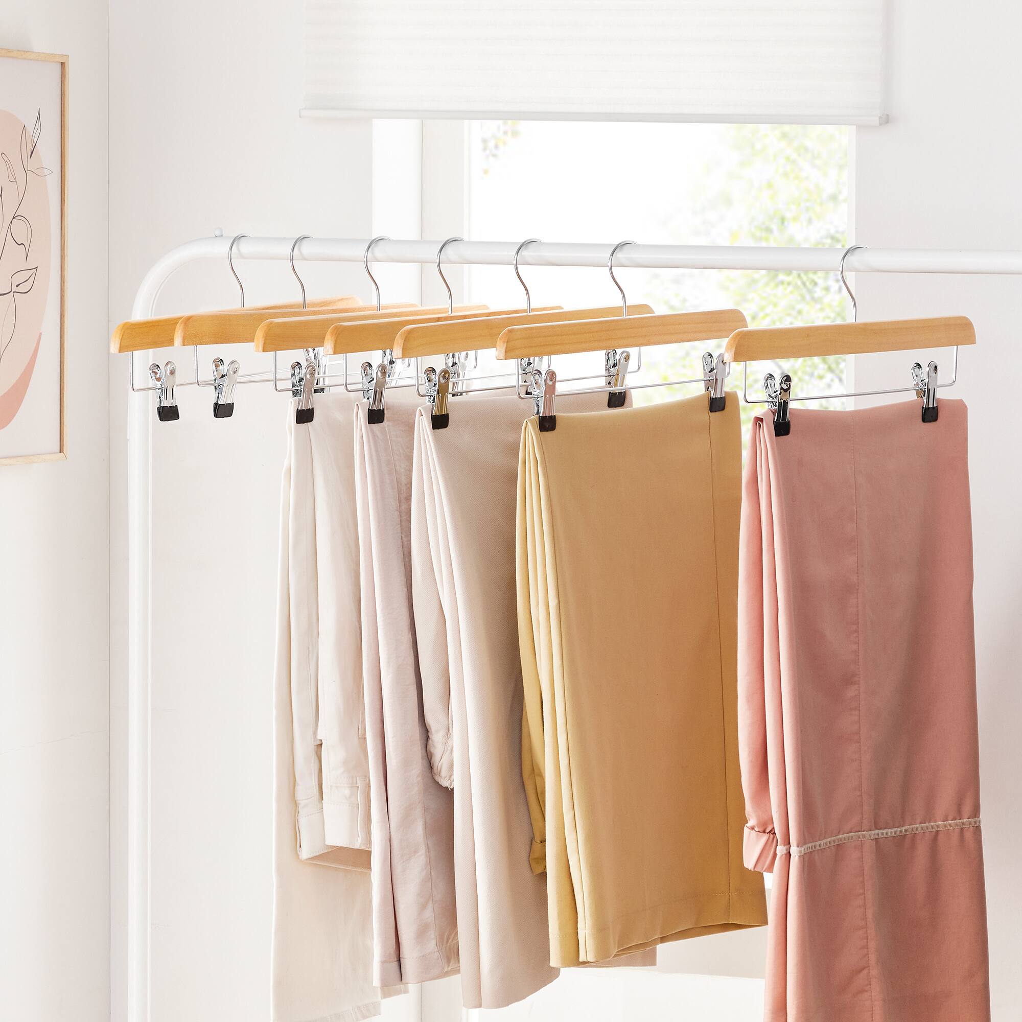 Back. Songmics Home - Wooden Pants Hangers 8 Pack, Pants Hangers with Adjustable Anti-Rust Metal Clips, 360° Swivel Hook - Natural Grain.