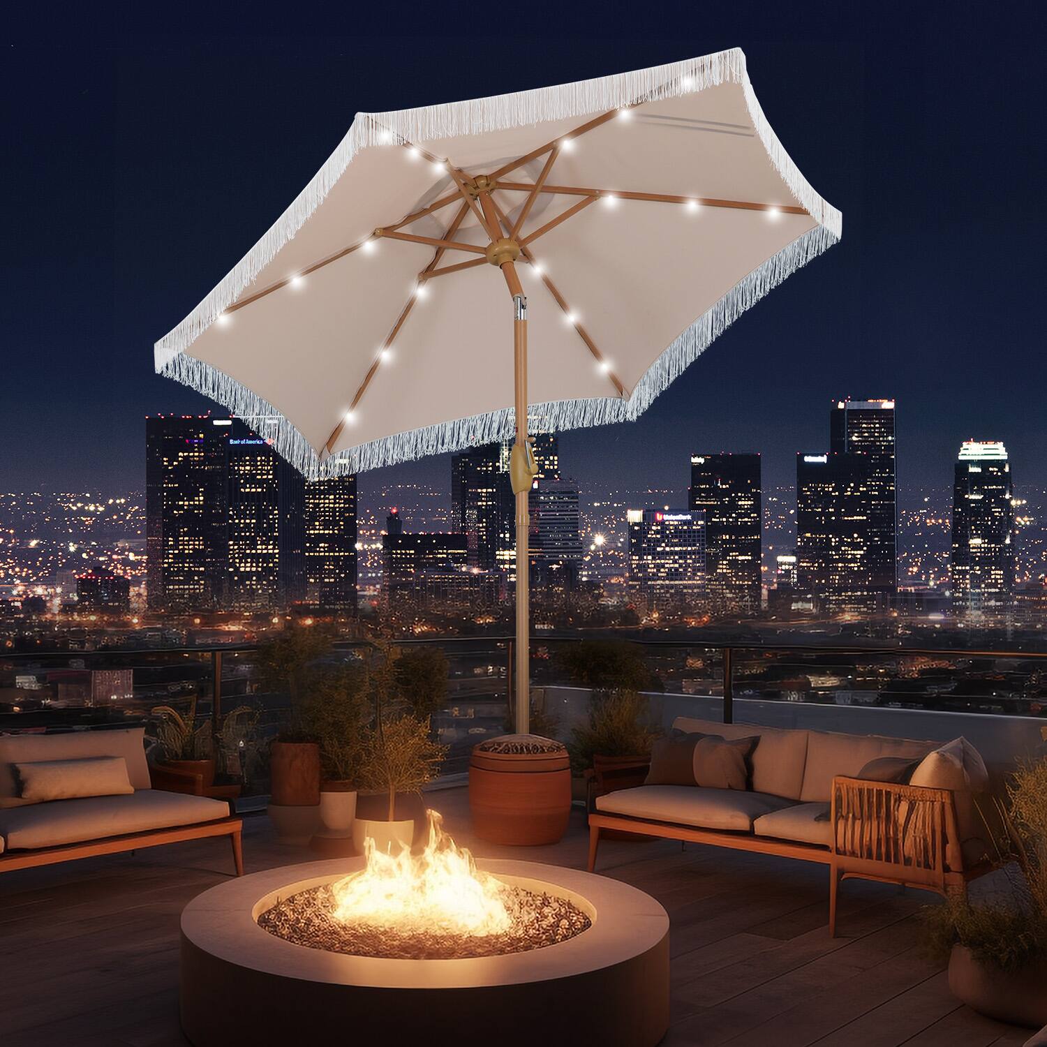 Angle. Ainfox - Ainfox 7.5 FT Patio Umbrella with Fringe,Outdoor Tassel Beach Umbrella,Tilt Adjustment with 18 LED Lights & Base - Khaki.