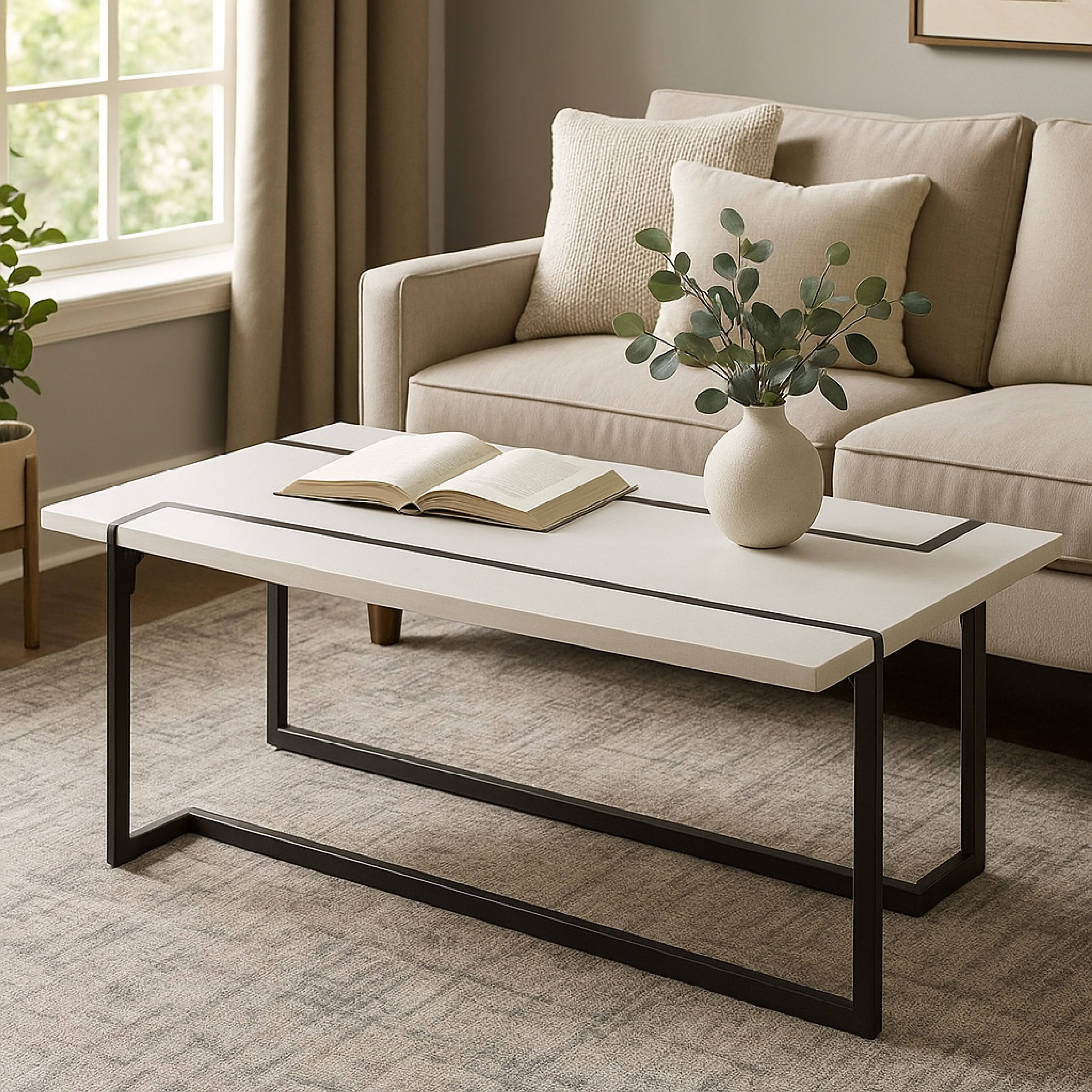 Alt View 5. Manhattan Lane - Iry Coffee Table, Black Steel Sled Base, 47 Inch, Gloss White Lacquer Top - White, Black.