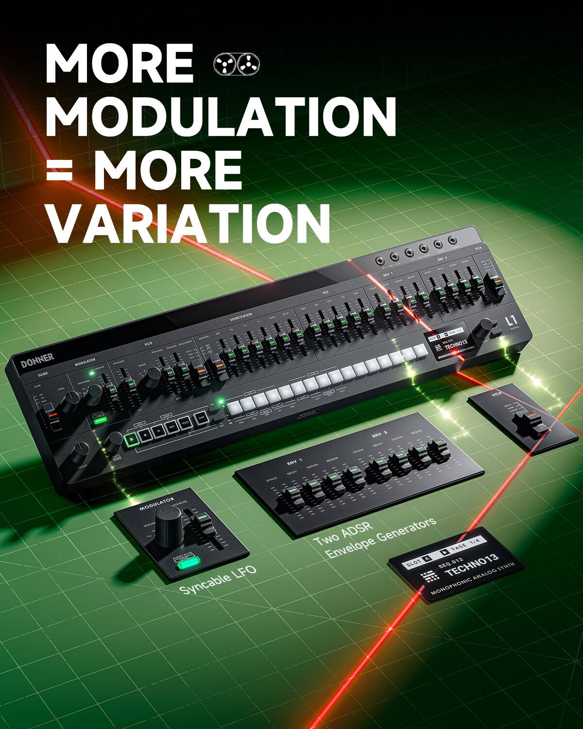 MORE MODULATION = MORE VARIATION

- DONNER NEAS INNL7 VU BO 1 12N WLA TECHNO1S
- L1 - - - - ww - - NA
- MOBULATOR UNA
- LFO Syncable Two ADSR Generators VA Envelope
- PAGE SLGT 012 SEG TECHNO13 ANALDO SYTH MONOHHONIC