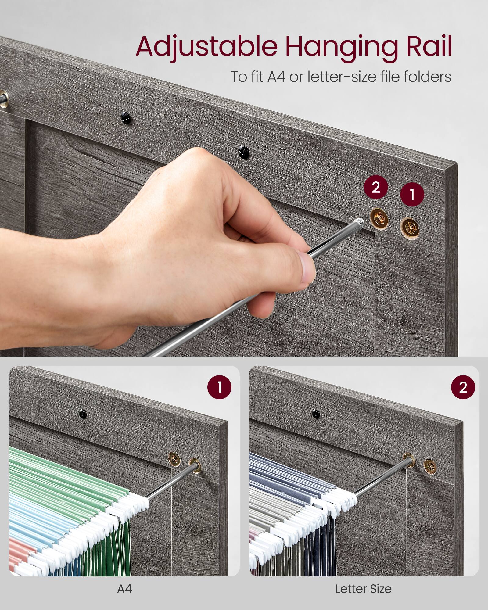 Adjustable Hanging Rail  
To fit A4 or letter-size file folders  

1.  
2.  

A4  
Letter Size