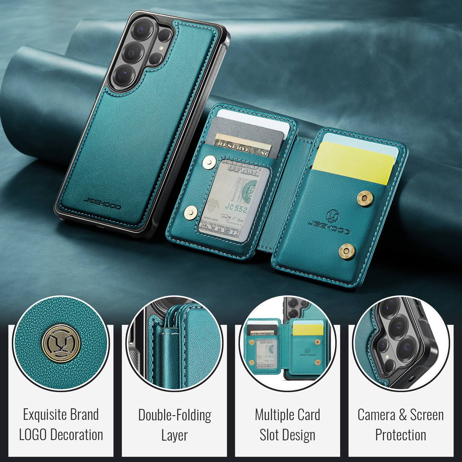 JESKOOP - JC 552 JRE s1 Exquisite Brand Double-Folding LOGO Decoration Layer Multiple Card Slot Design Camera & Screen Protection