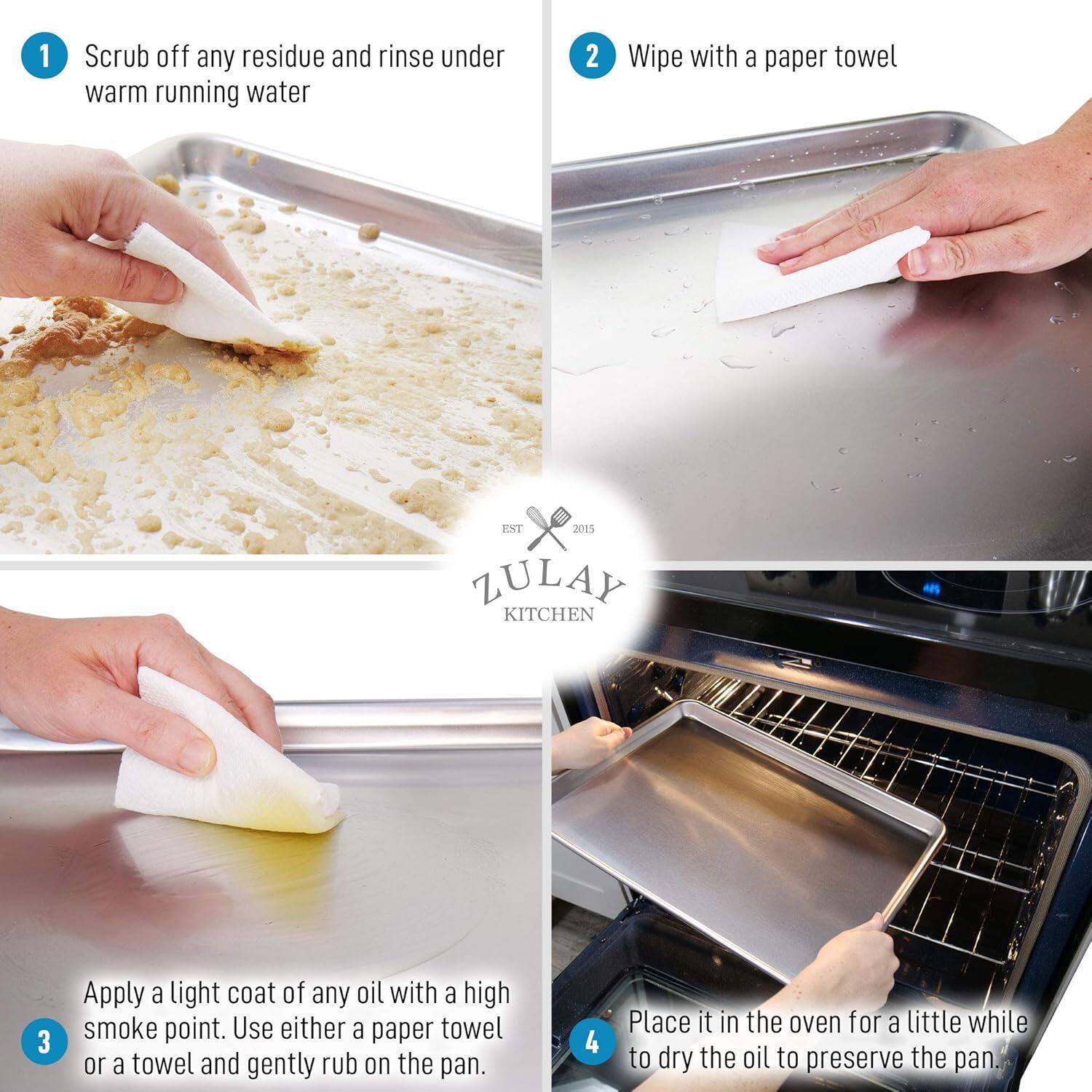 1. Scrub off any residue and rinse under warm running water.

2. Wipe with a paper towel.

3. Apply a light coat of any oil with a high smoke point. Use either a paper towel or a towel and gently rub on the pan.

4. Place it in the oven for a little while to dry the oil to preserve the pan.